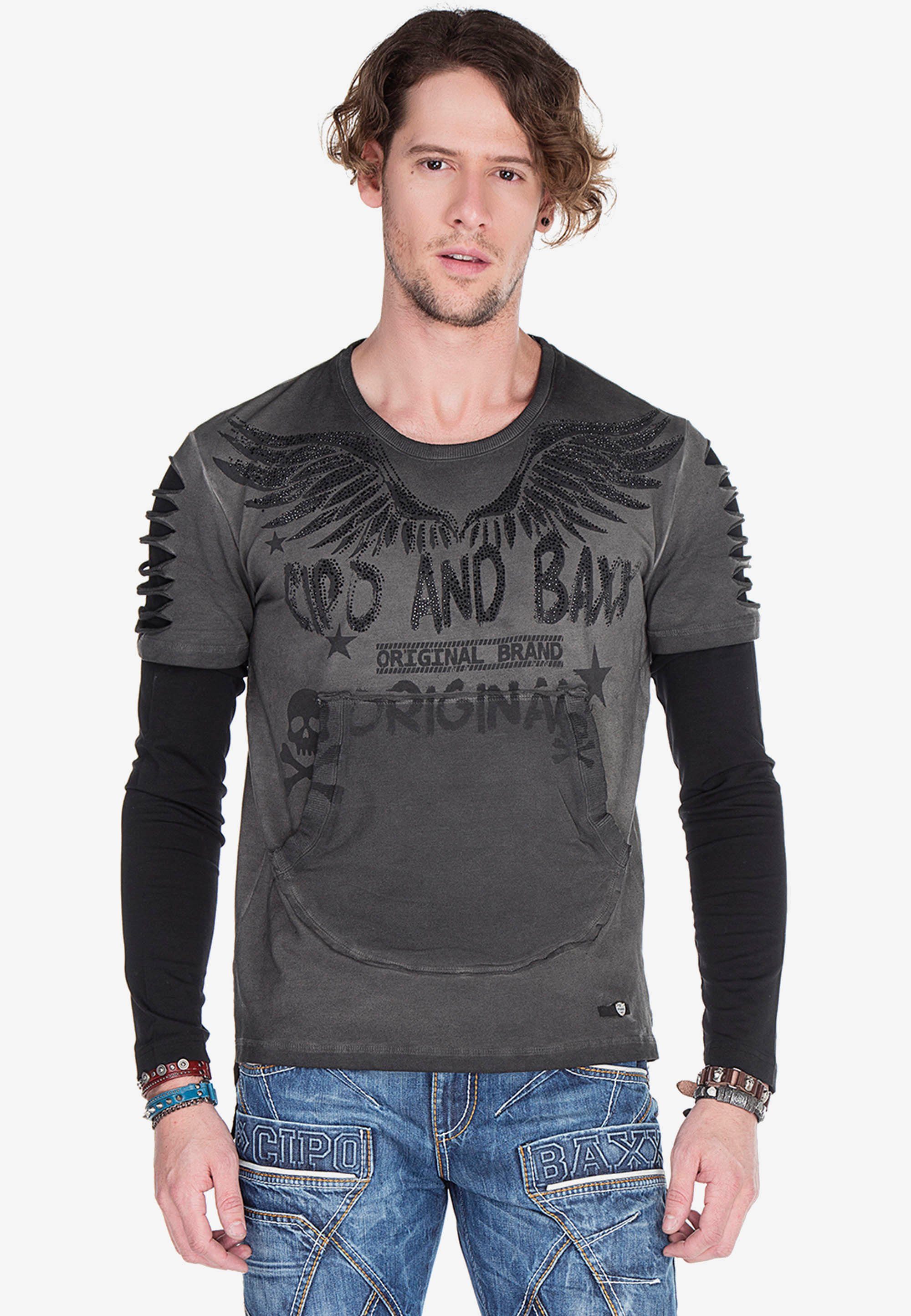 Cipo & Baxx Langarmshirt mit Edelsteindruck anthrazit