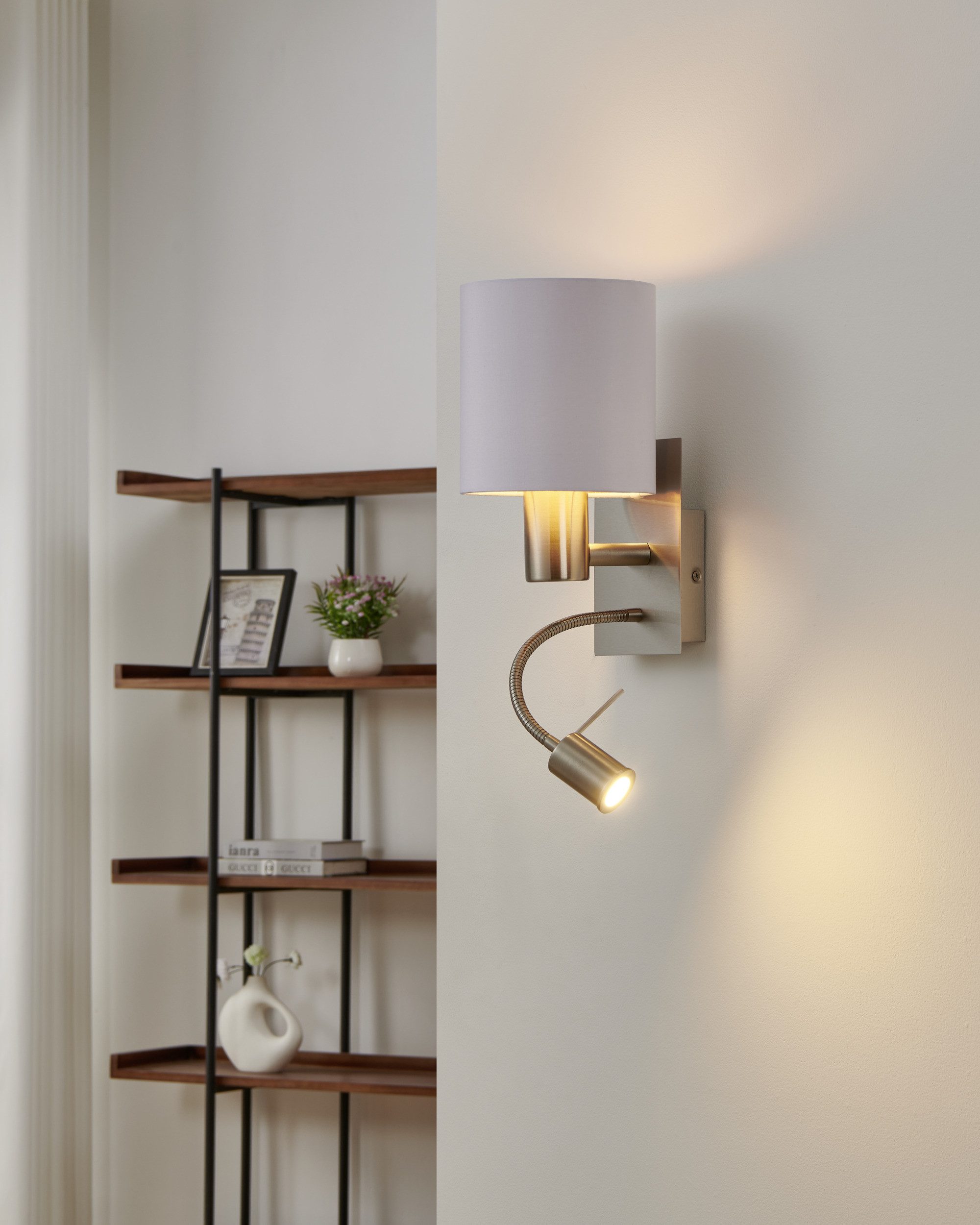 EGLO Wandleuchte PASTERI Wandlampe - Stahl - E27;LED - 1X40W;1X3,8W - IP20, Ein-/Ausschalter, Lesearm, ohne Leuchtmittel, Warmweiß, Wandstrahler, Wandspot, Wohnzimmer, Schlafzimmer, L15 x H38 x AL19,5cm