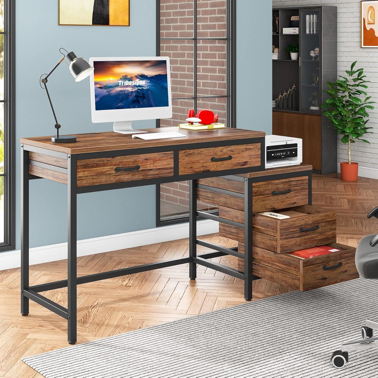 LuxusKollektion Schreibtisch Schreibtisch Computertisch 5 Schubladen Druckerständer Holz Braun