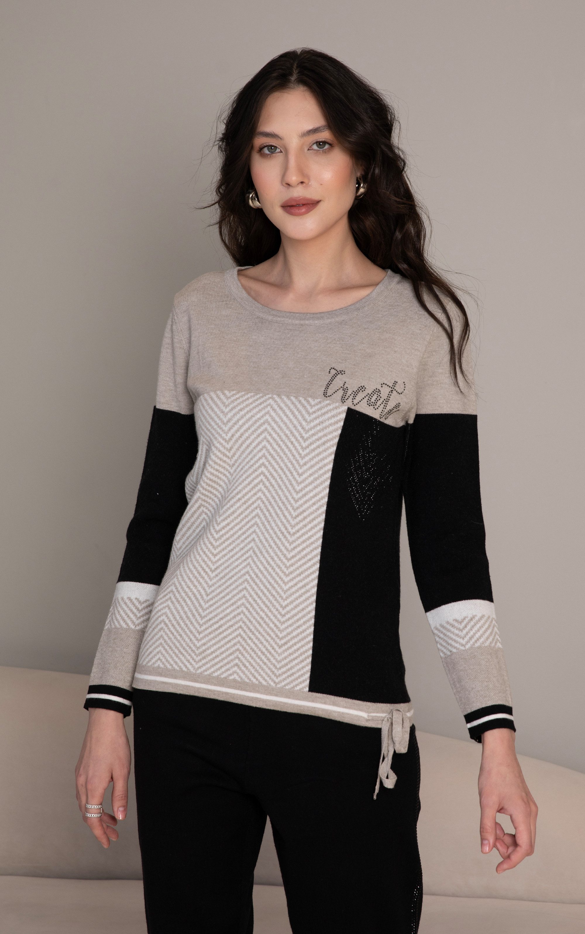 Passioni Strickpullover in Grau und Schwarz, mit Fischgrätenmuster günstig online kaufen