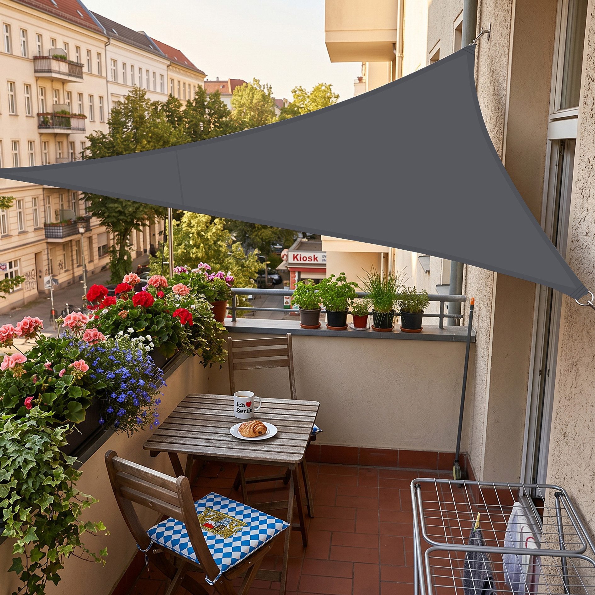 SUNULA Sonnensegel Balkon 160g/m² Polyester UV Schutz Sonnenschutz Terrasse Garten, Dreieckig, Anthrazit 3 x 3 x 3 m