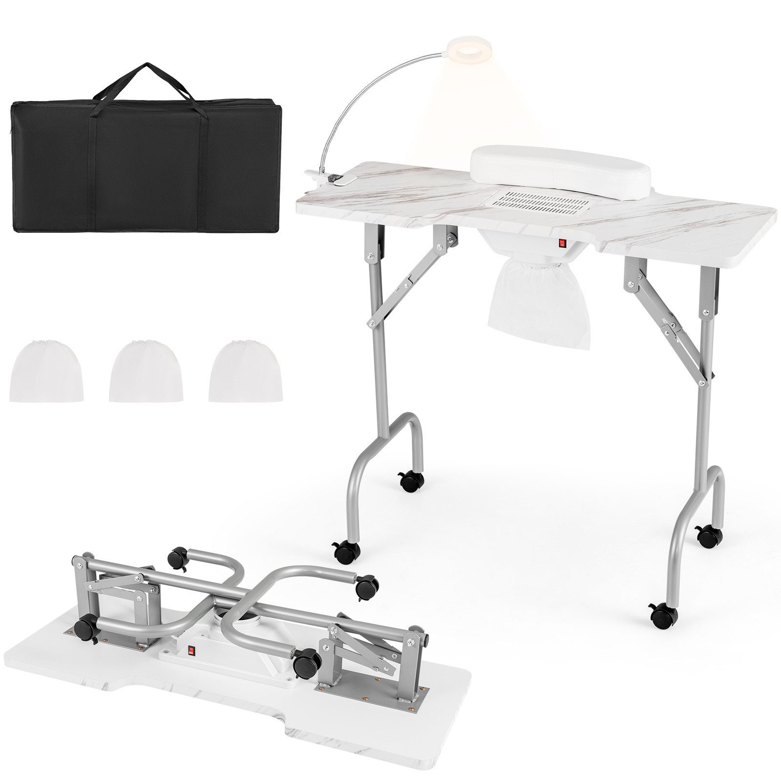 KOMFOTTEU Maniküre-Pediküre-Set, faltbar, LED Lampe, Handgelenkpolster & Tragetasche