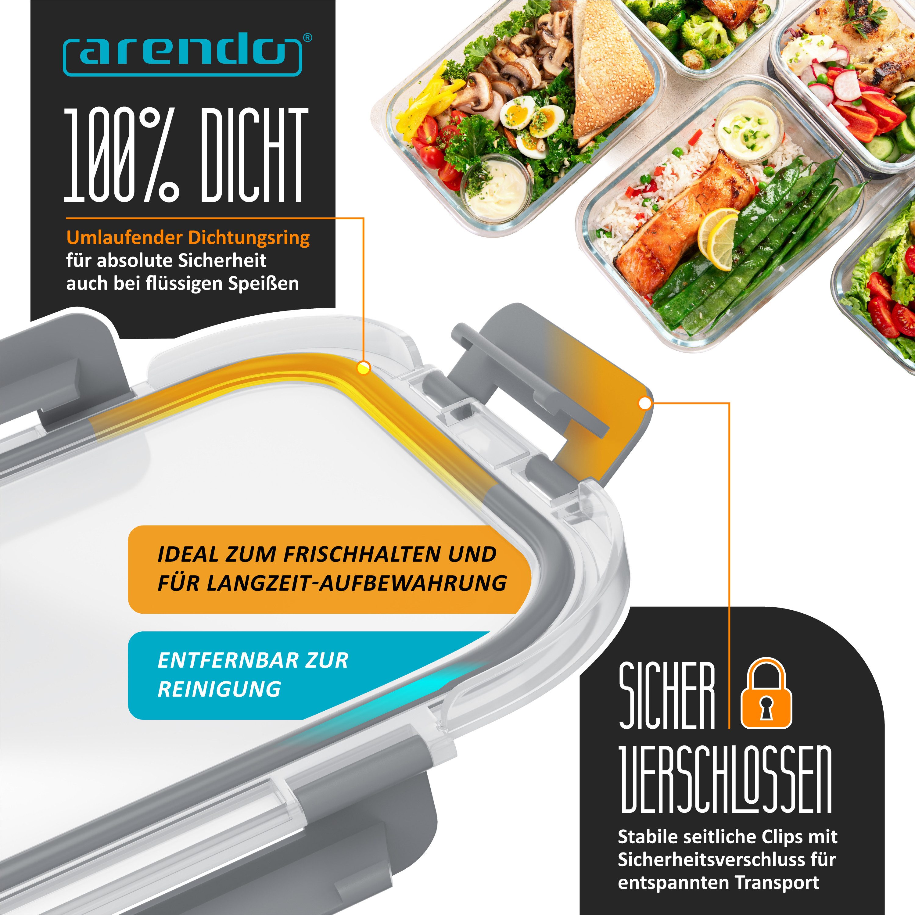 Arendo Frischhaltedose 5x Vorratsdosen Rechteckig 1040 ml für Meal Prep / Lebensmittel, Borosilikatglas, (Set, 5-tlg., 5er Set Glas-Frischhaltedosen mit Deckel), Mikrowellen-, Ofen-, Gefrier- & spülmaschinengeeignet, luftdicht