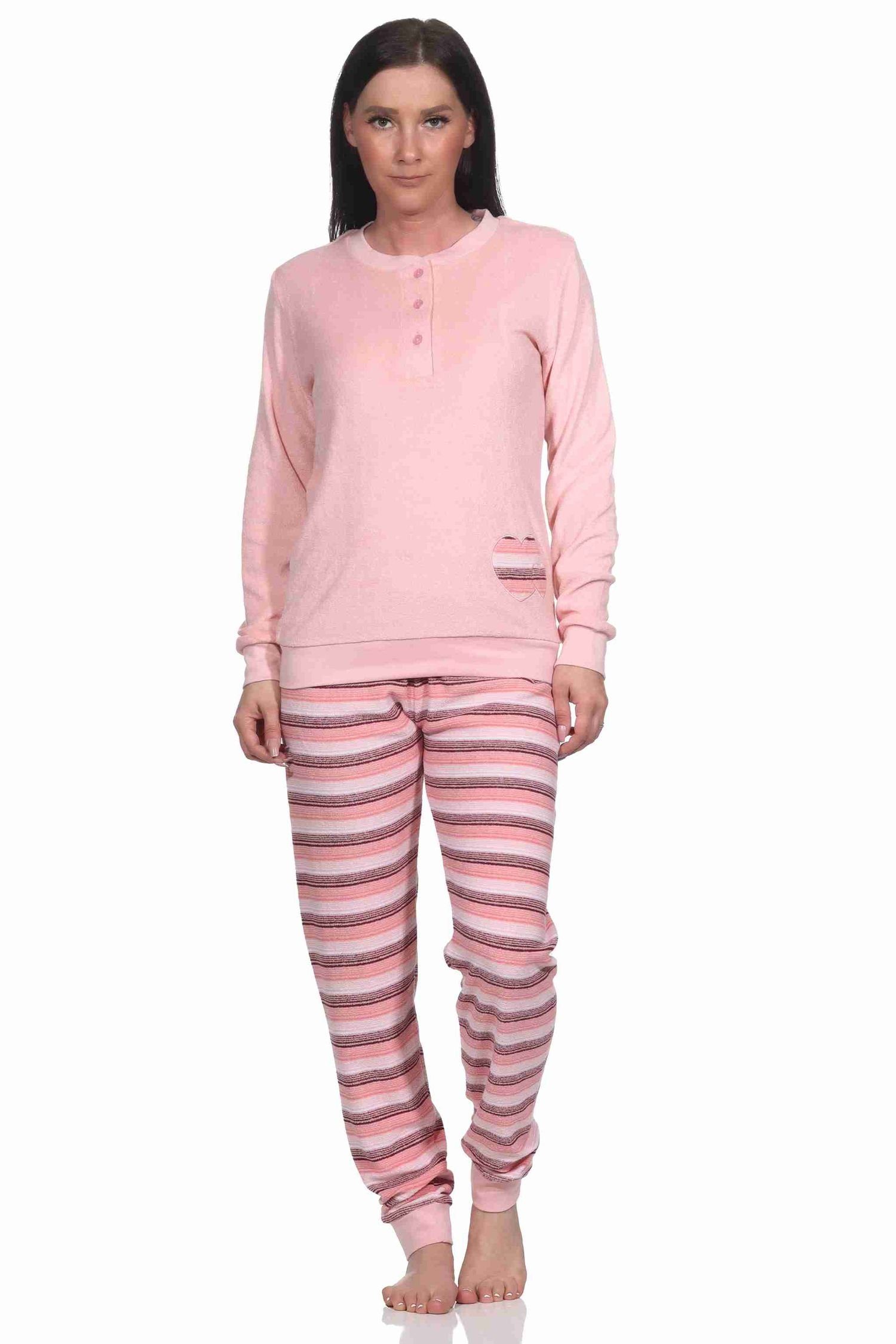 Normann Pyjama Wunderschöner Damen Frottee Schlafanzug mit Bündchen und Herz-Motiv rose