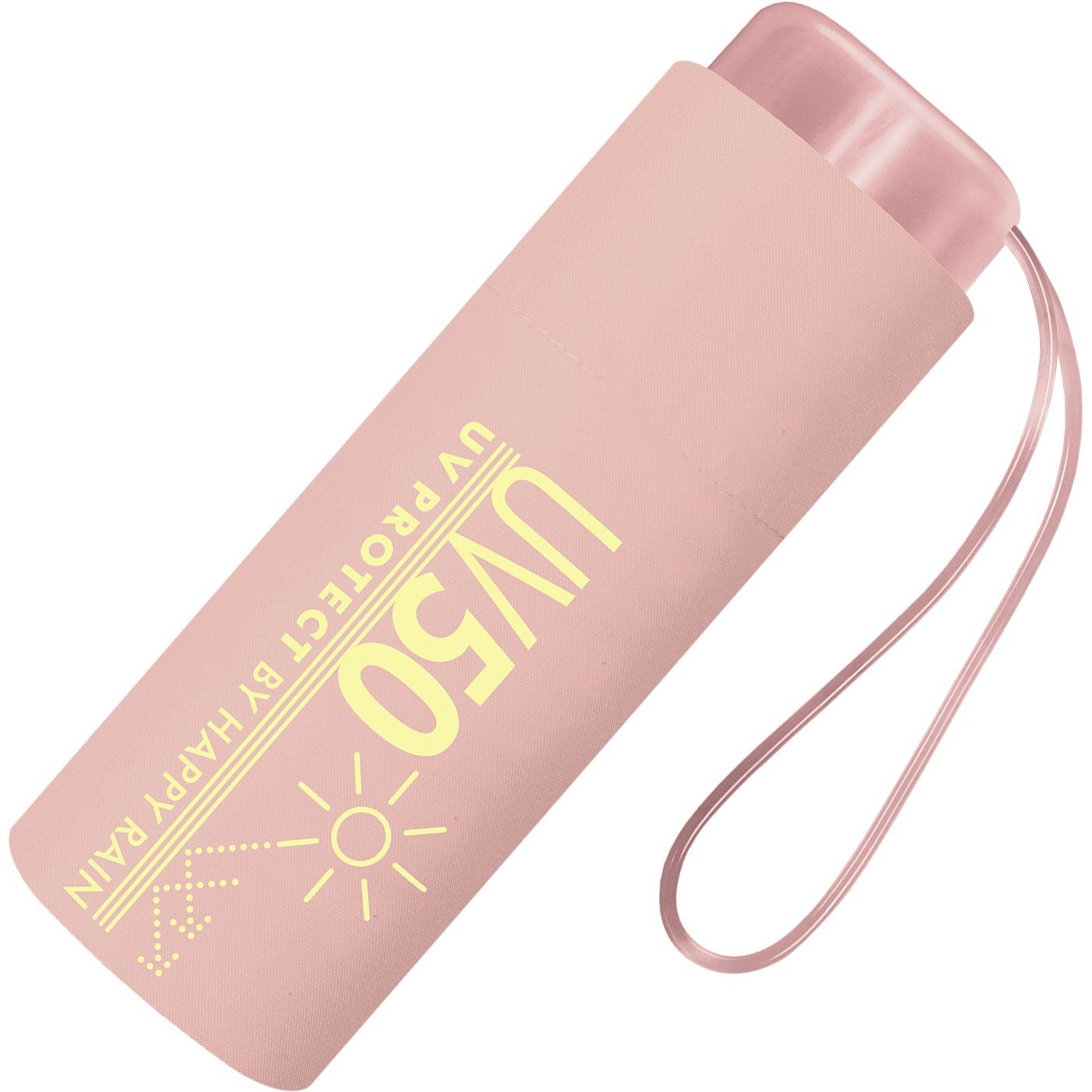 HAPPY RAIN Taschenregenschirm UV-Protect UV50 Ultra Mini Flat mit Sonnenschutz, winzig klein für unterwegs - schützt vor Sonne und Regen
