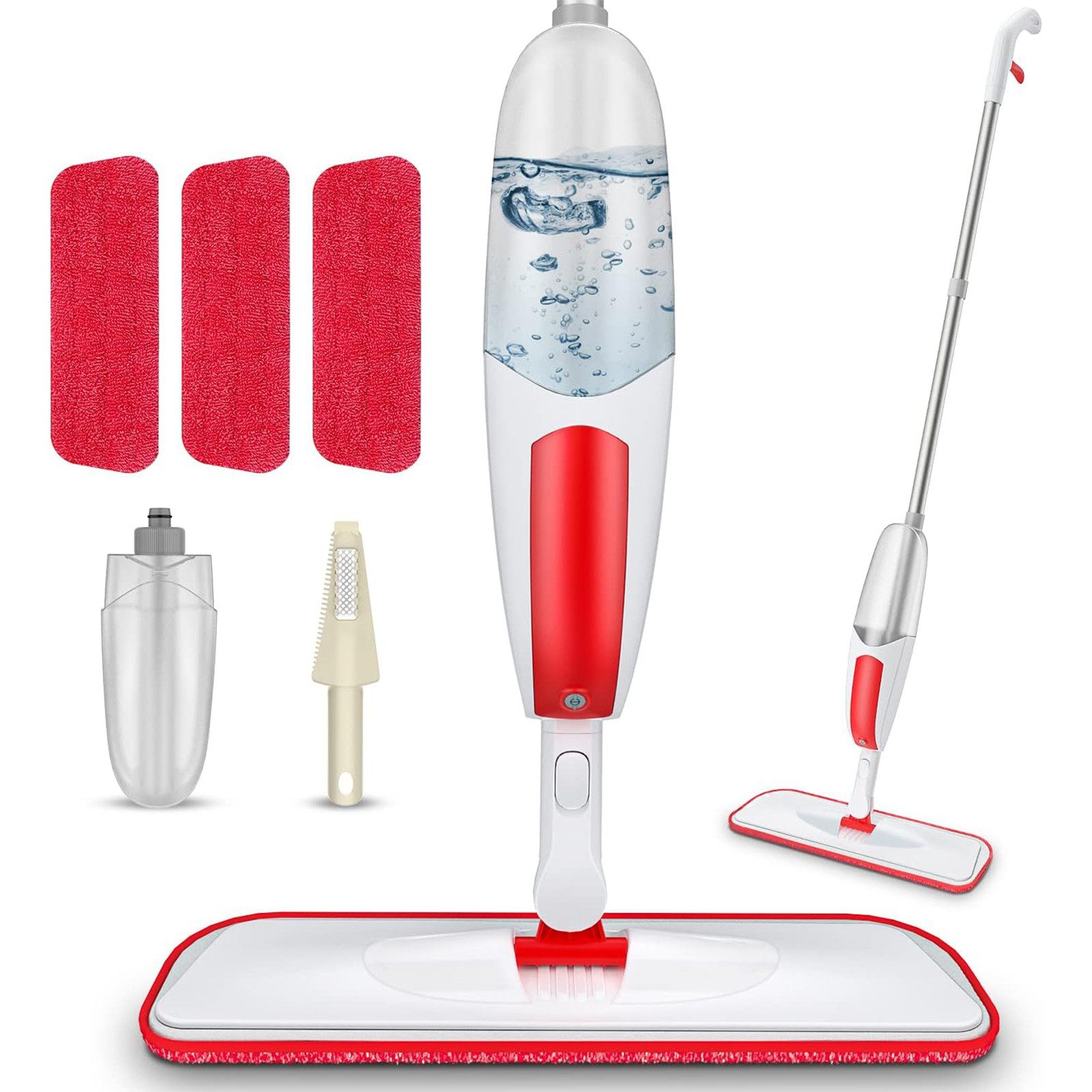 HUGERSTONE Sprühwischer Wischmopp mit 550ml Wassertank, Bodenwischer mit Sprühfunktion, Rot (360 Grad Rotierender Wischmopp für alle Böden) Nass und Trockenwischer mit 3 Waschbaren Mikrofaser Pads