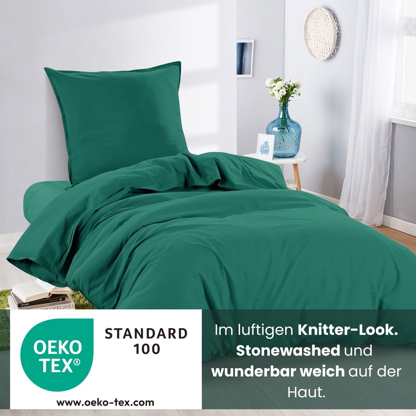 wometo Bettwäsche Stone Washed 135x200 Renforcé, Baumwolle, 2 teilig, OEKO-TEX®, 100% Baumwolle, Bettwäsche im Knitterlook mit Stehsaum – Bild 4 von 5