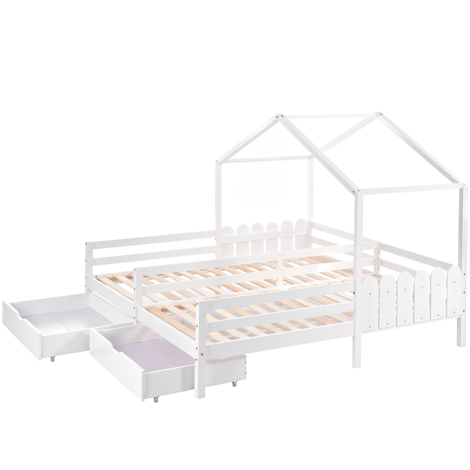 Hausbett, Doppelbett, Kinderbett, Gitterbett mit 2 MDF-Schubladen