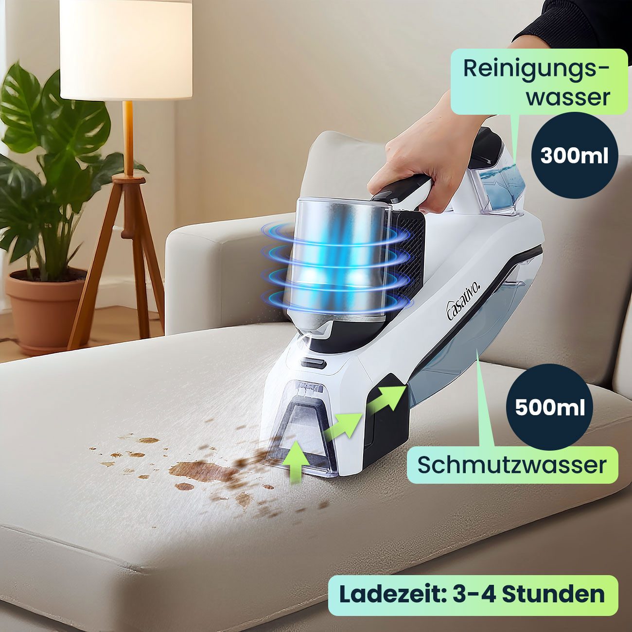 Casativo Nass-Trocken-Akkusauger Nasssauger 60W Fleckenreiniger Waschsauger für Polster & Teppiche, 60 W, beutellos, Li-Ion-Akku, 2 Geschwindigkeitsstufen, starker Fleckenentferner