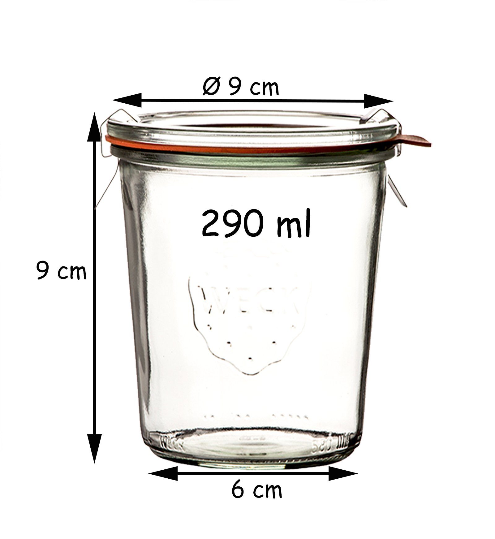 Klammern Glas. Dichtringen 290ml WECK Deckeln Gummi. & mit (6-tlg) Metall, Weckglas Einmachglas 6er RR80, Weckgläse,