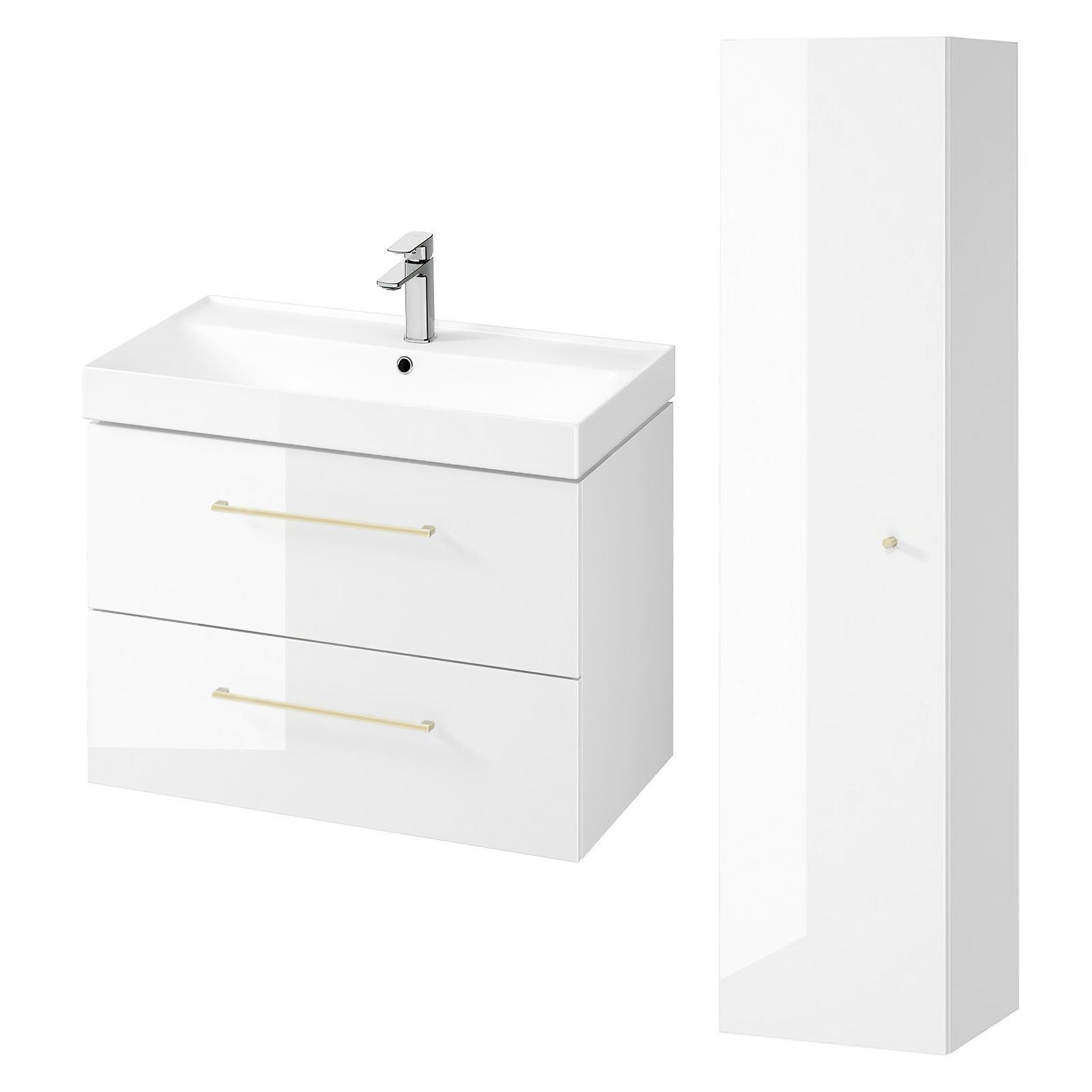 KOLMAN Badmöbel-Set LARGA 80 Waschbecken-Unterschrank mit Hochschrank, mit Schubladen & Keramikwaschbecken Gold