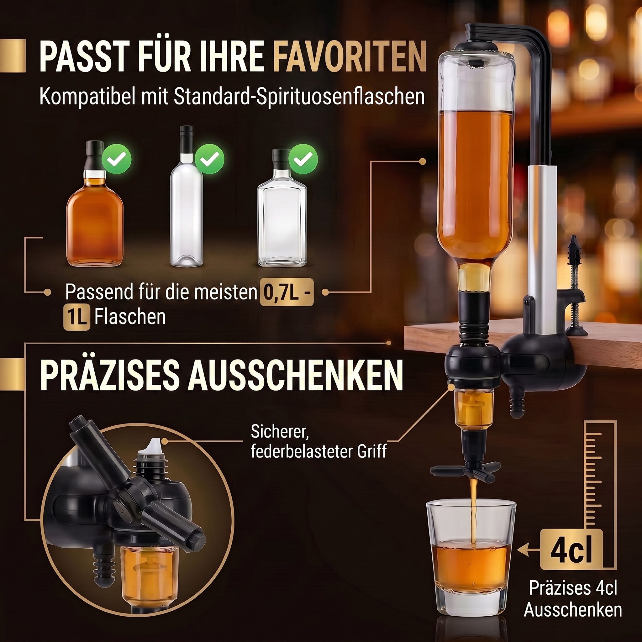 Goods+Gadgets Flaschenhalter Barbutler Flaschenhalter mit 2cl Dosierer–Edles Spirituosen-Accessoire, Flaschenhalterung für Getränke – Bild 5 von 5