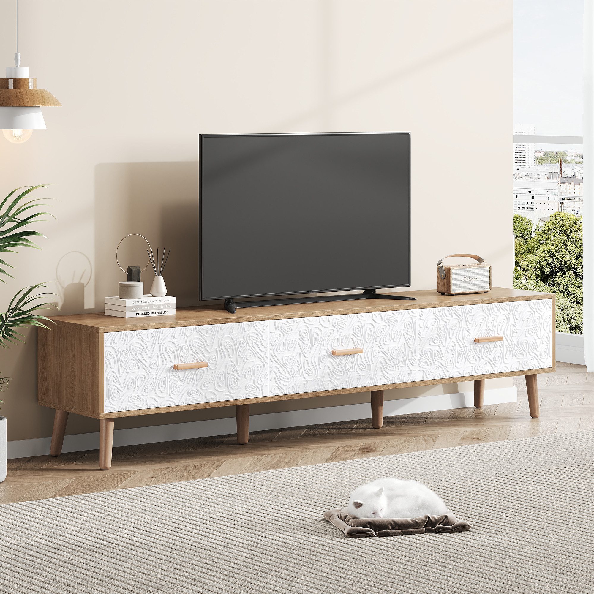 STILVORA Lowboard mit Schubladen,TV-Schrank TV-Regal mit Türpaneelschnalle&Kippschutz (TV-Schrank, Fernsehtisch,TV-Board,TV-Ständer, 1 St., 3 Schubladen), mit Vintage Grain weiße Türverkleidung
