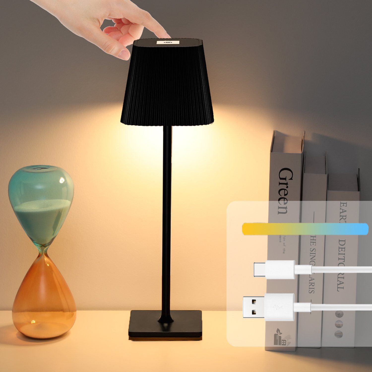 Simloveve LED Tischleuchte Tischleuchte Kabellos Touch Dimmbar 3 Farbtemperatur Nachttischlampe, LED fest integriert, 2700K Warmweiß, 4000K Naturweiß, 6500K Kaltweiß, IP54 Wasserdichte, für Outdoor Nachttisch Esstisch Schreibtisch
