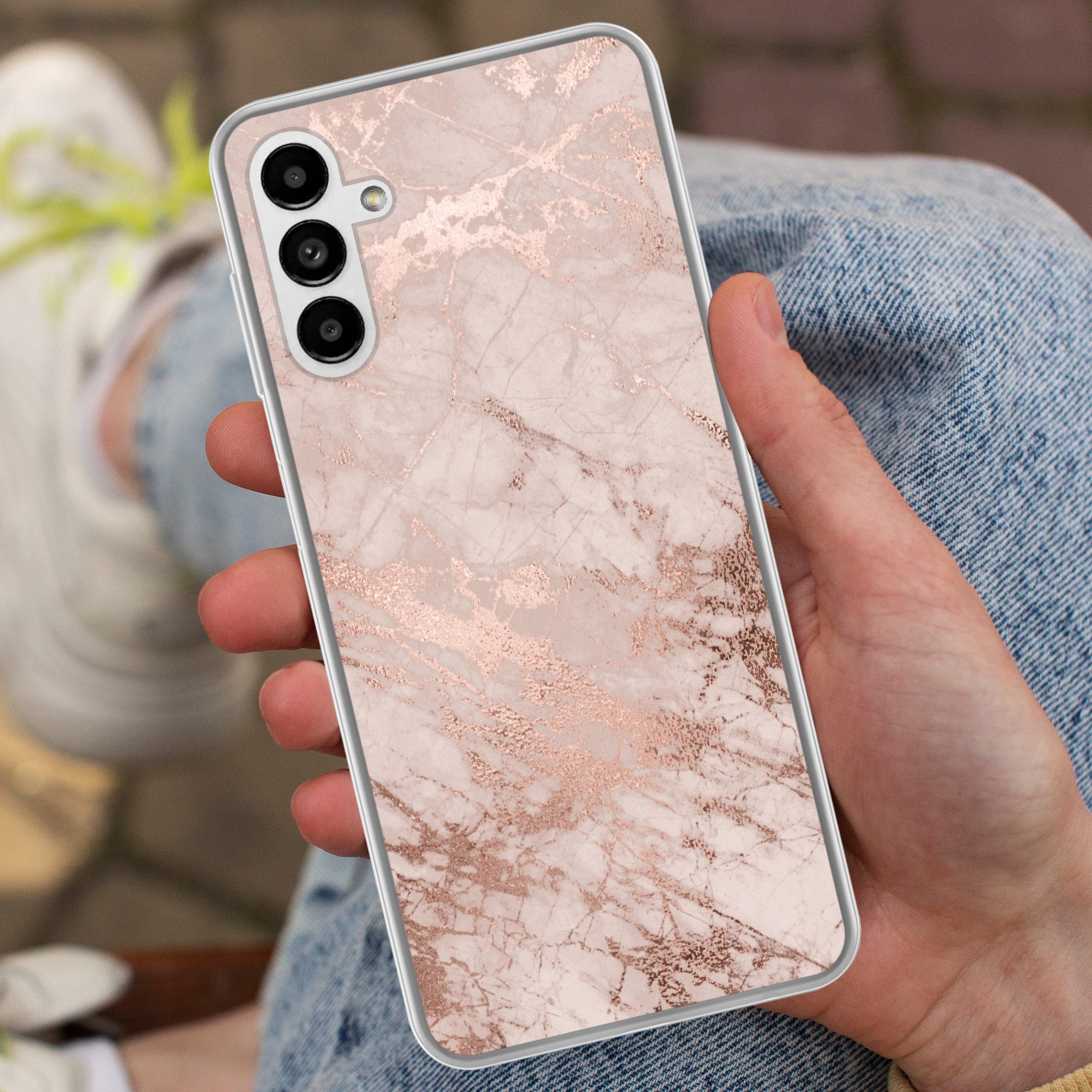 MuchoWow Handyhülle für Samsung Galaxy A04s Marmor - Rosa - Luxus - Marmoroptik - Glitzer, Handy Case, Silikon, Bumper Case Dünn