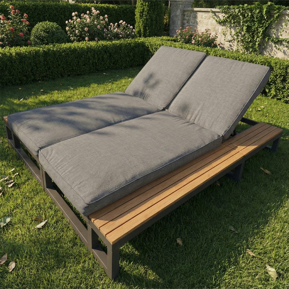 BBWL Gartenliege mit Rückenlehne Regalen dickem Polster wetterfest Sun Lounger, Outdoor Daybed Doppel-Liegebett Gartenliege