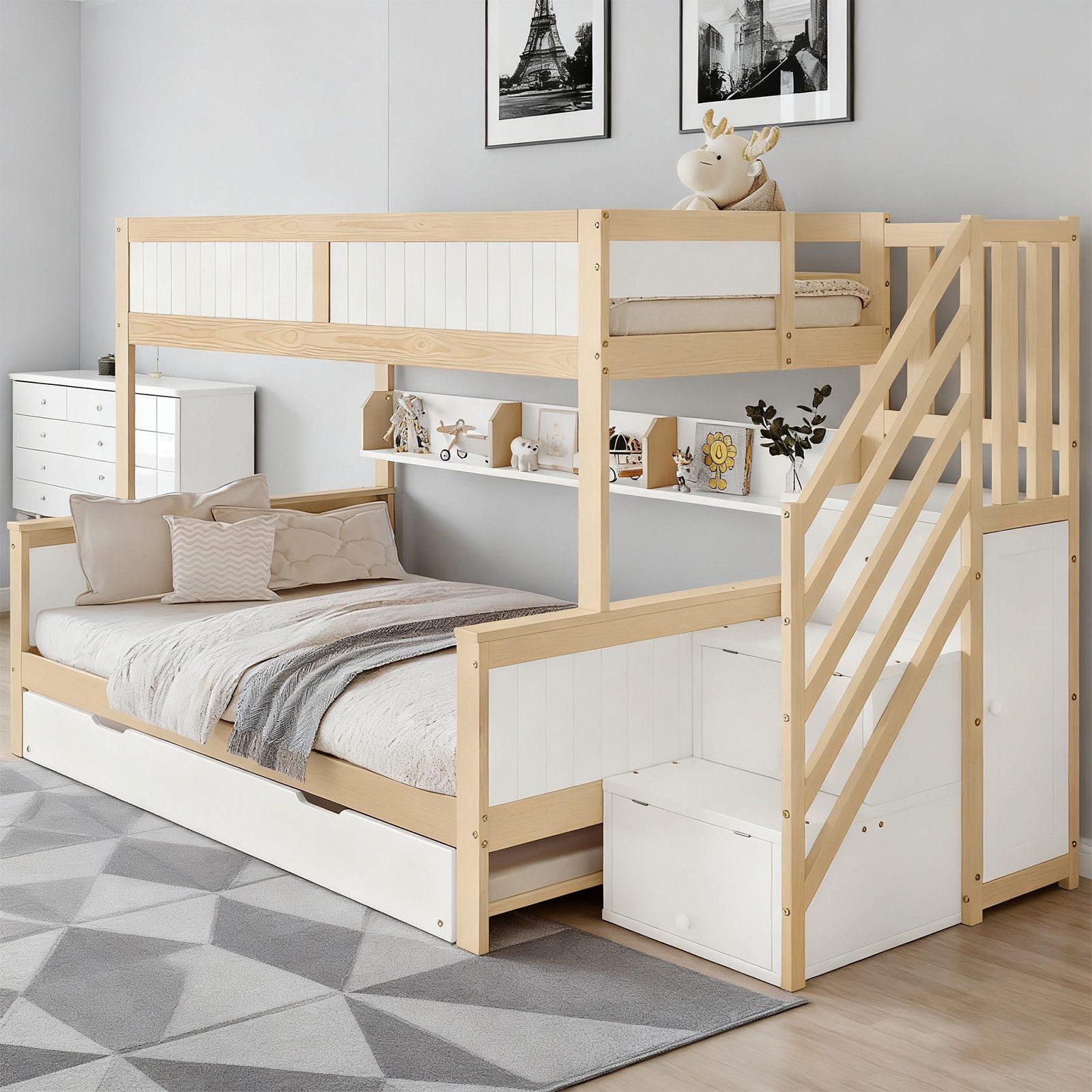 MODFU Etagenbett mit Ecktreppe, Kleiderschrank & Fallschutzgitter (Kinderbett mit Rollbett und Stauraum, Hausbett 90x200 & 90x190 & 120*200cm), ohne Matratze