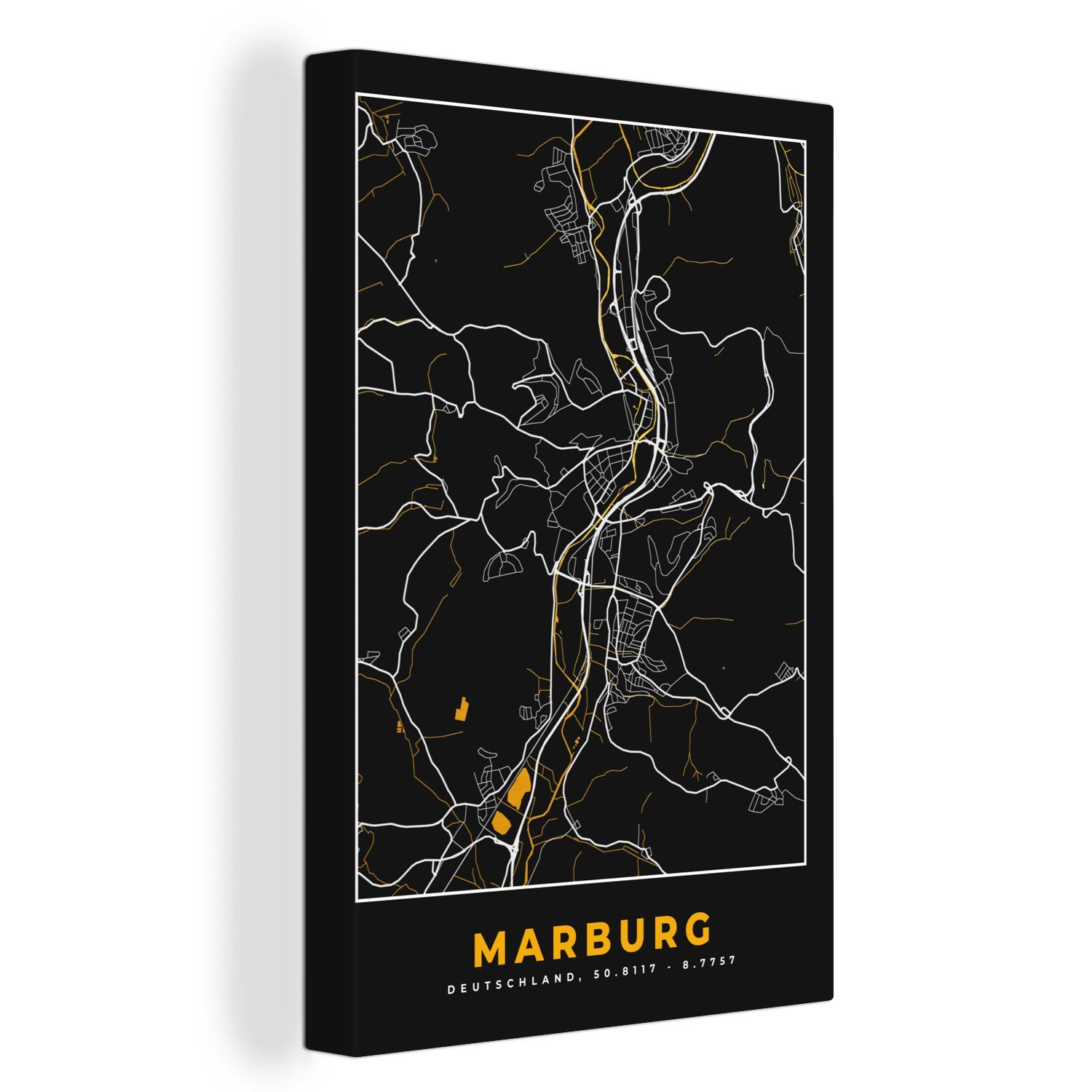 OneMillionCanvasses® Leinwandbild Schwarz und Gold - Stadtplan - Marburg - Deutschland - Karte, (1 St), Leinwandbild fertig bespannt inkl. Zackenaufhänger, Gemälde, 20x30 cm