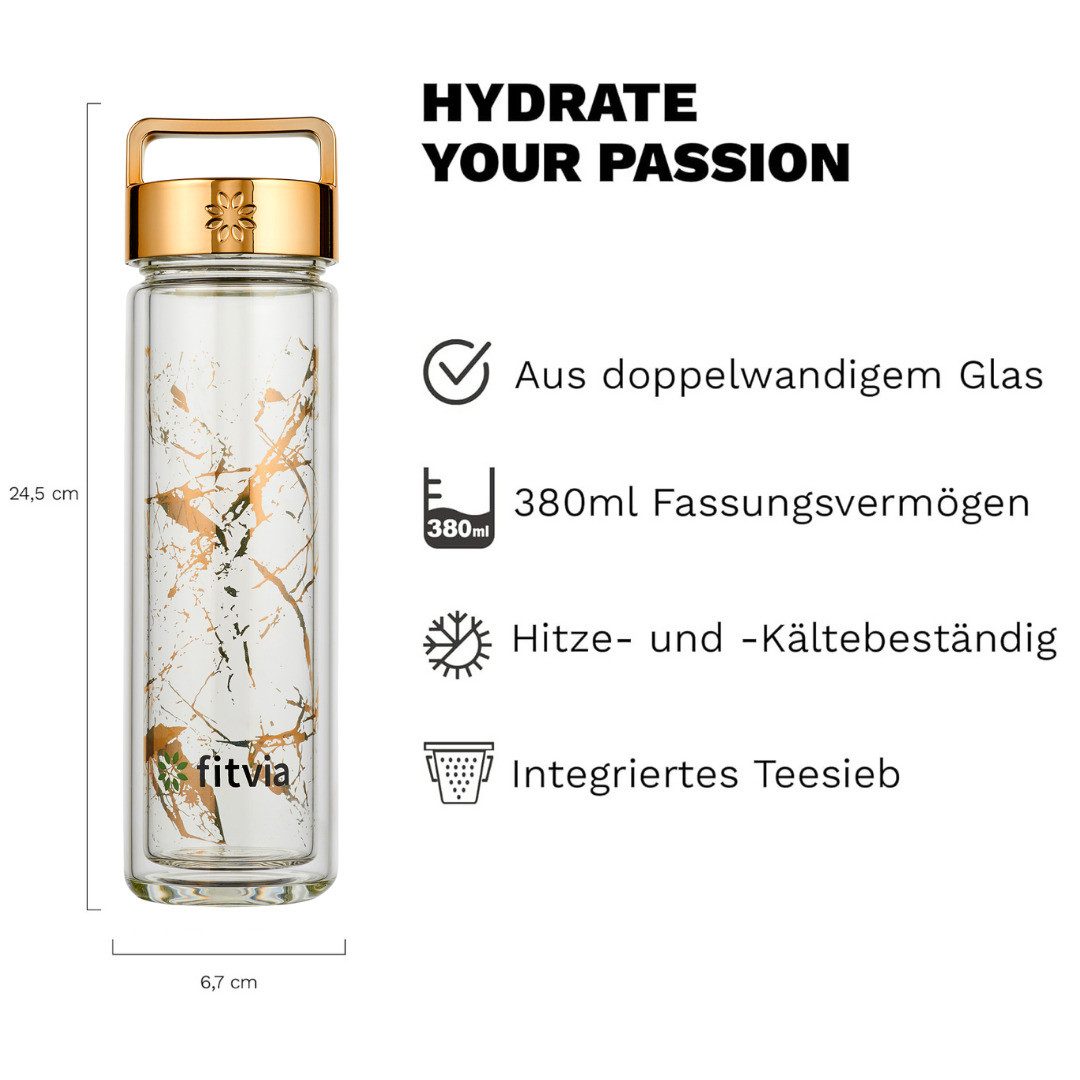 fitvia Thermoflasche Thermoflasche gold, 380 ml, Doppelverglasung, integriertes Teesieb, Wärme- und Kältefunktion