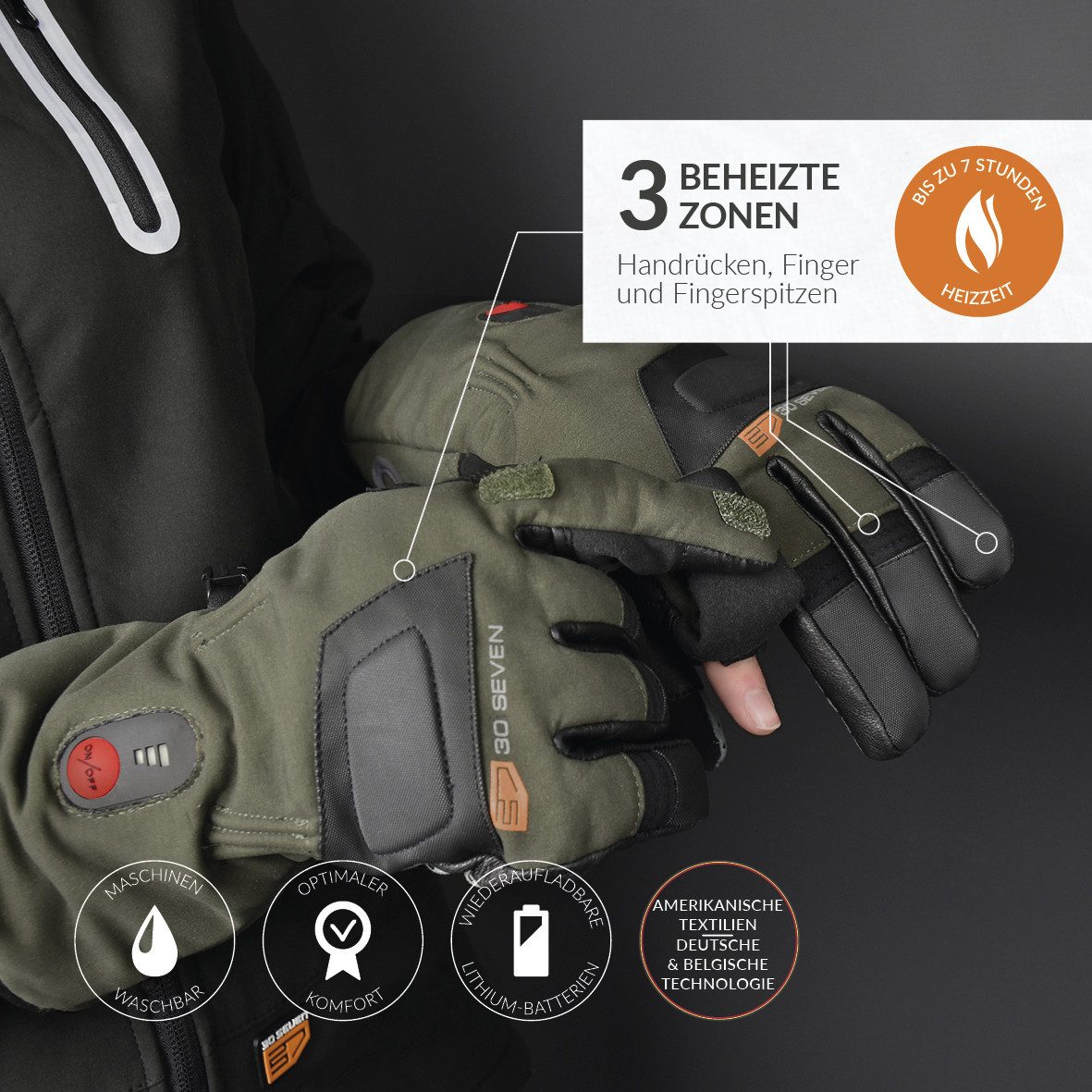 30seven Angelhandschuhe Schießen, Jagd - beheizte Thinsulate Handschuhe - Khaki 7,4V Set inklusive Akku & Ladegerät