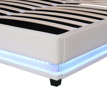 REDOM Polsterbett Doppelbett mit LED in diversen Farben (Stauraumbett mit Hydraulisch, Bettkasten & Lattenrost-Bezug, Verstellbares Kopfteil,Beige, 140x200cm)
