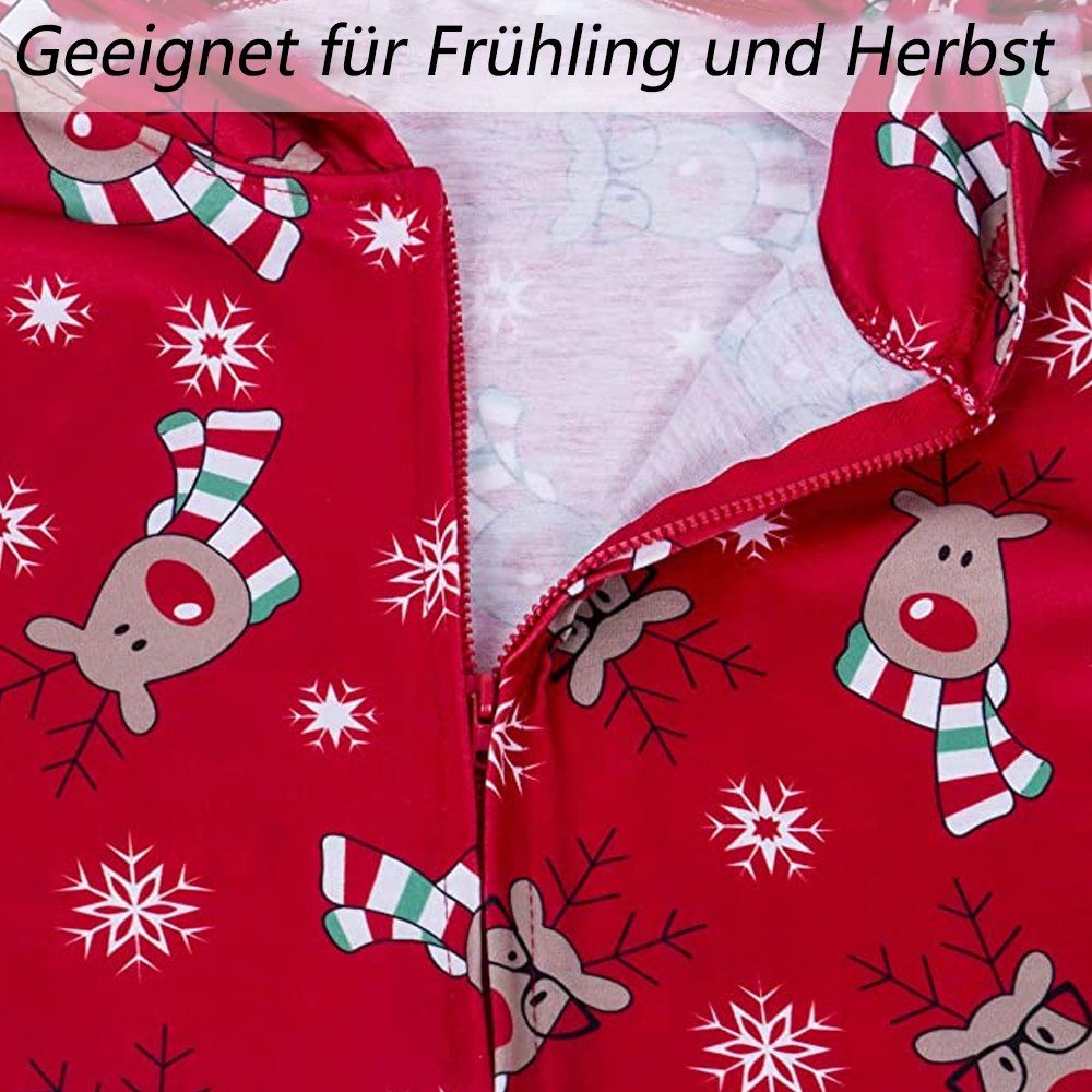 Juoungle Schlafanzug Nachtwäsche Reißverschluss, Weihnachts-Einteiler, Rot Kapuzenpullover