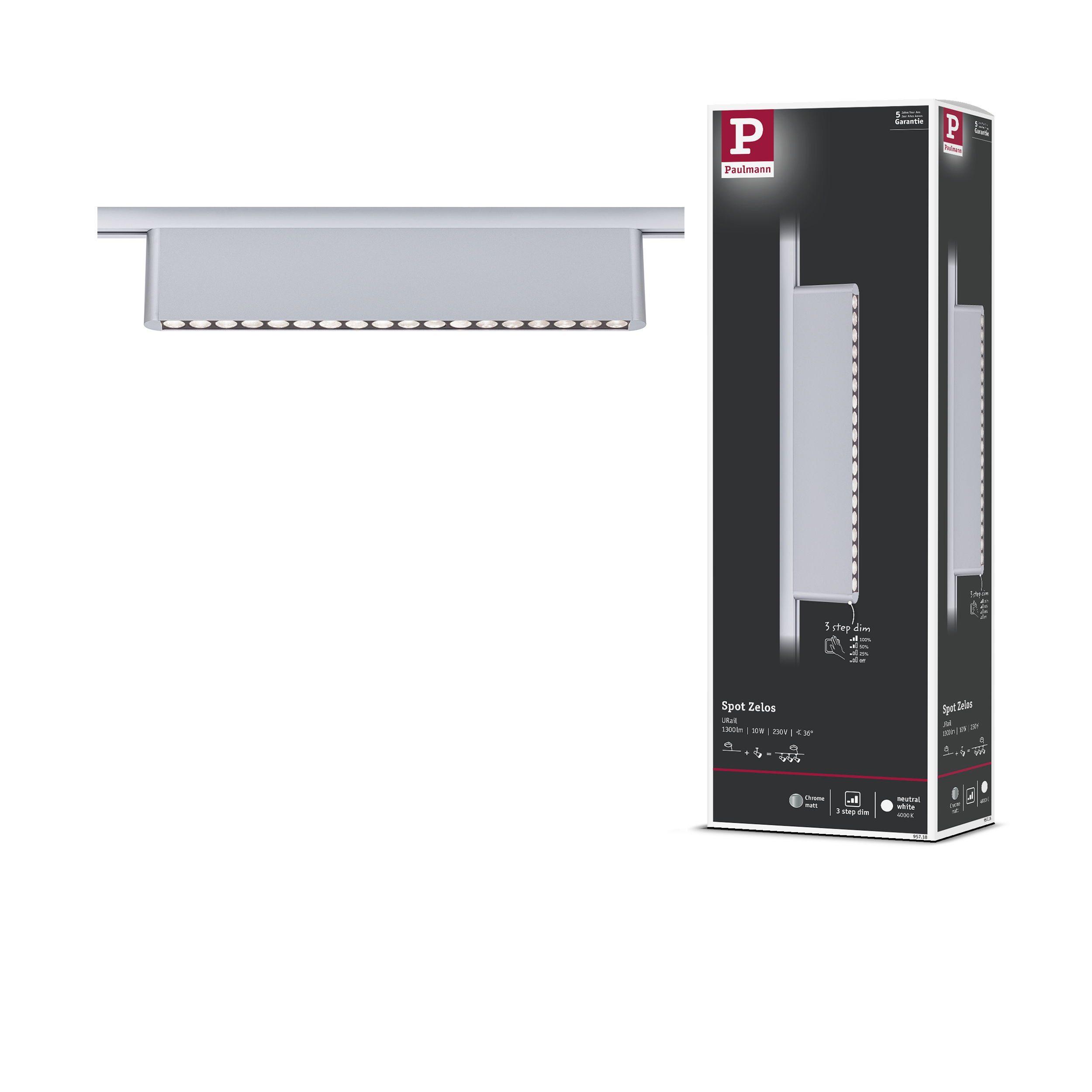 Paulmann Schienensystem-Leuchten Zelos 1100lm 10W 4000K dimmbar 230V, Memoryfunktion, mehrere Helligkeitsstufen, LED fest integriert, Neutralweiß, 3-Step-Dim