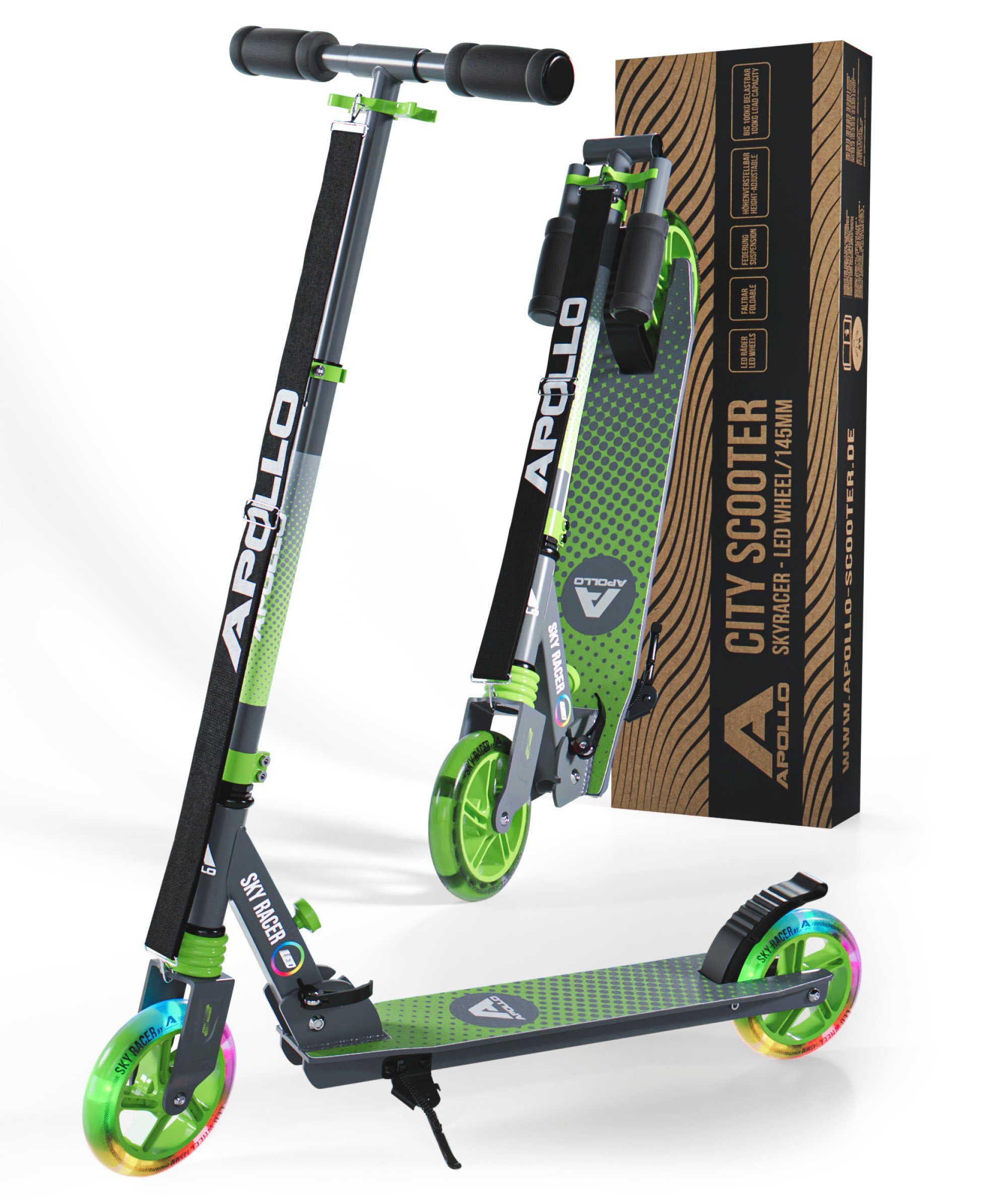 Apollo Cityroller Skyracer LED City Scooter Kinder, Tretroller mit Federung, klappbarer Kinderroller, höhenverstellbar