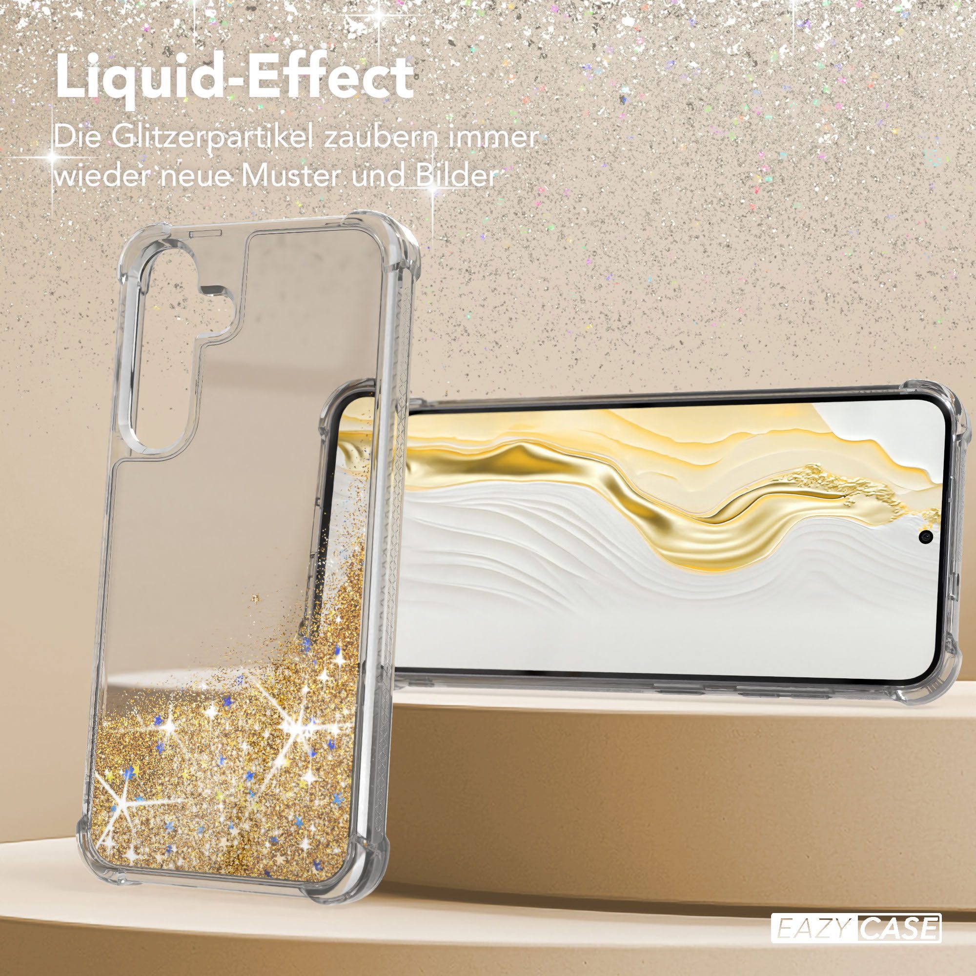EAZY CASE Handyhülle Liquid Glittery Case für Samsung Galaxy S25 FE 6,7 Zoll, Durchsichtig Back Case Handy Softcase Silikonhülle Glitzer Cover Gold – Bild 4 von 5