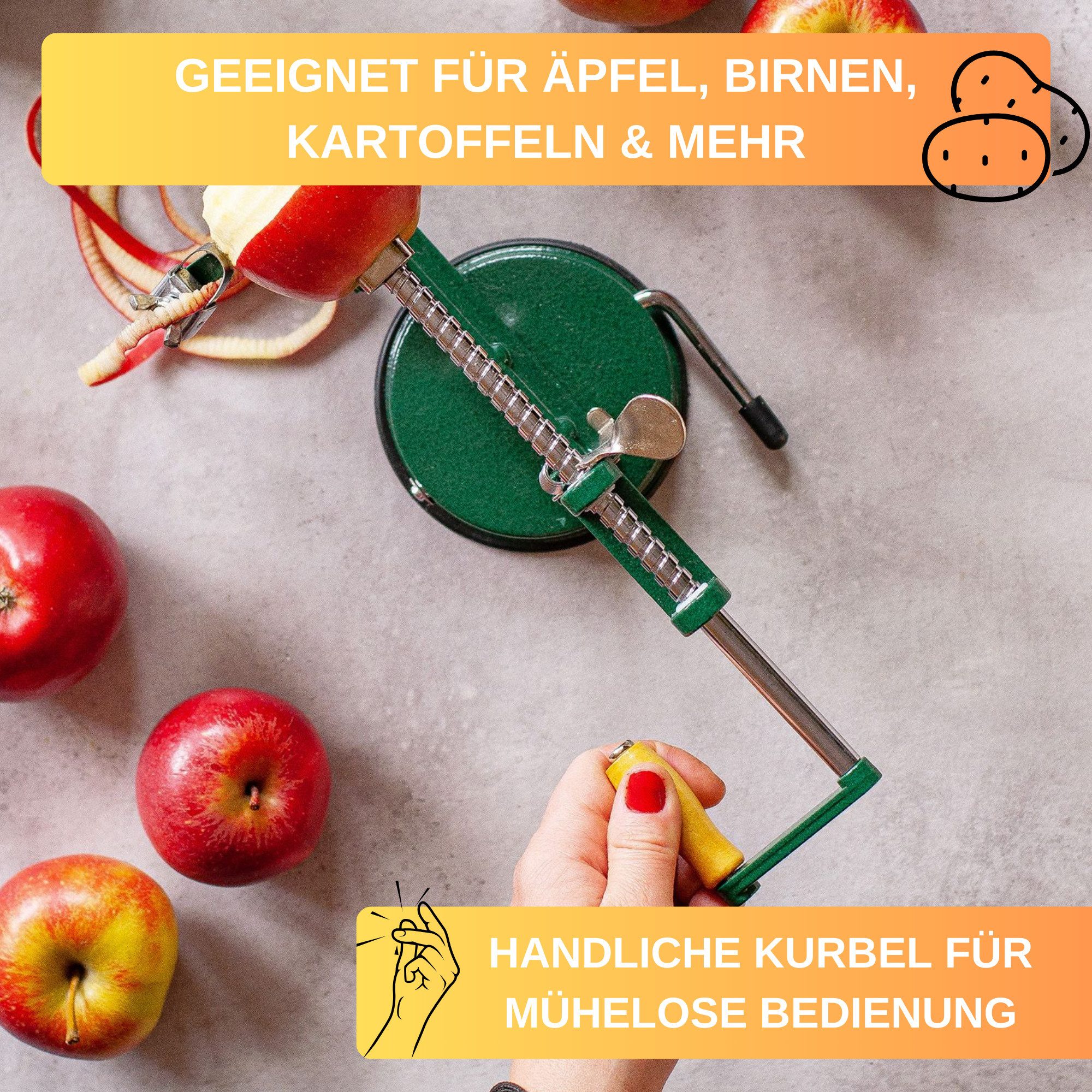 Thiru Apfelschäler Apfeltraum Premium aus rostfreiem Edelstahl mit starkem Saugfuß, sicherer und rutschfreier Stand, handliche Kurbel – Bild 5 von 5