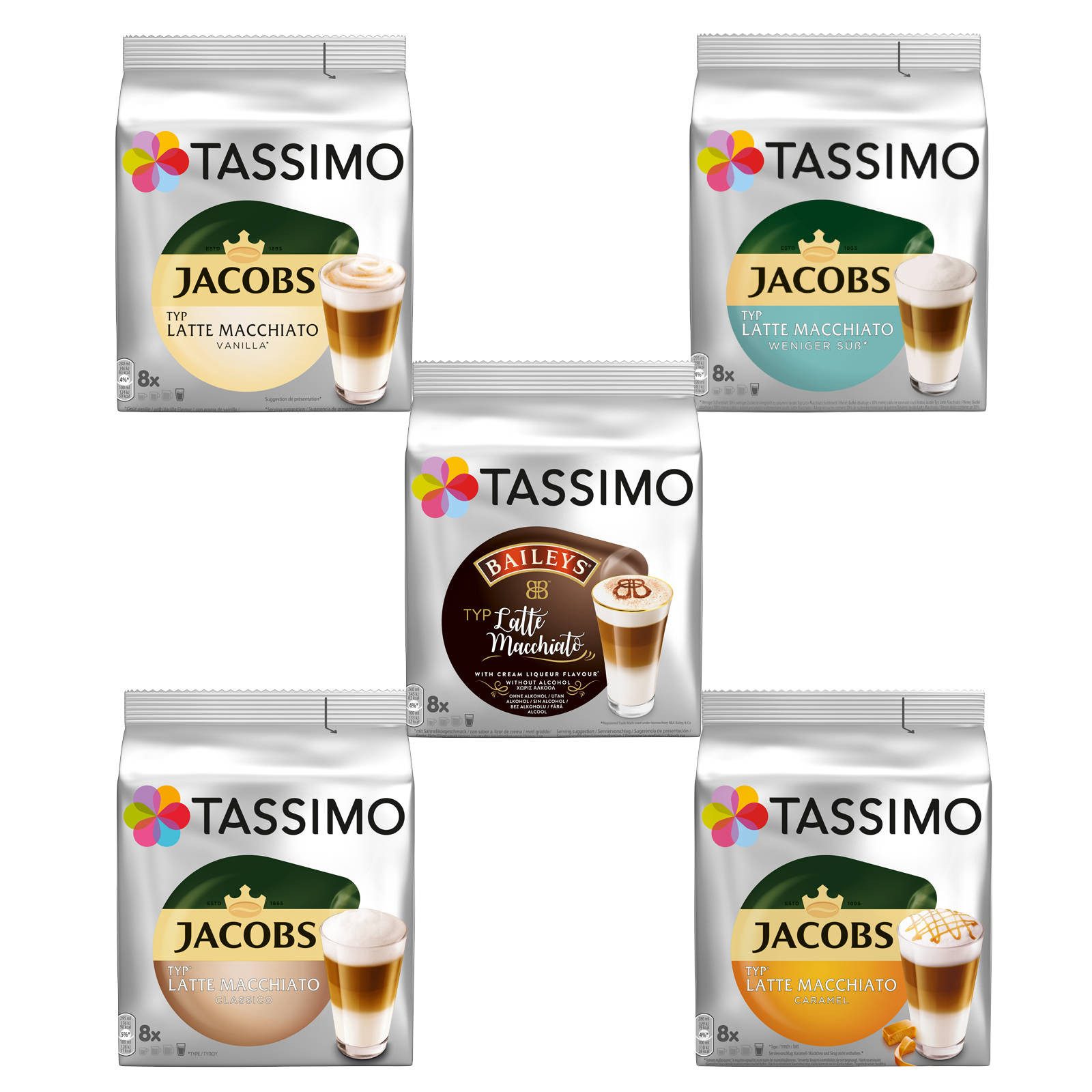 TASSIMO Kaffee Kapseln Latte Macchiato Vielfaltspaket Discs 40 Getränke 5 Sorten, (Set, 5er Pack)