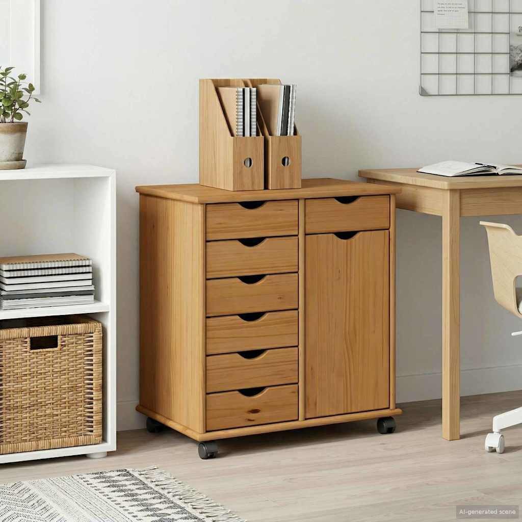 vidaXL Rollcontainer Rollschrank 63,5 x 39 x 65,5 cm Massivholz Kiefer Honigbraun, (1 St)