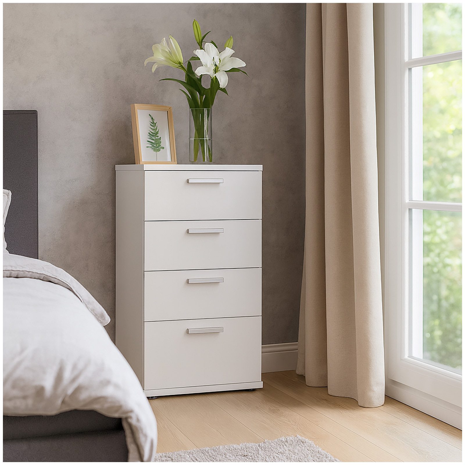 HTI-Living Nachtschrank Nachtkommode 4 Schubladen Nina Weiß (Stück, 1-St., 1 Nachtschrank) Nachtschrank Nachttisch