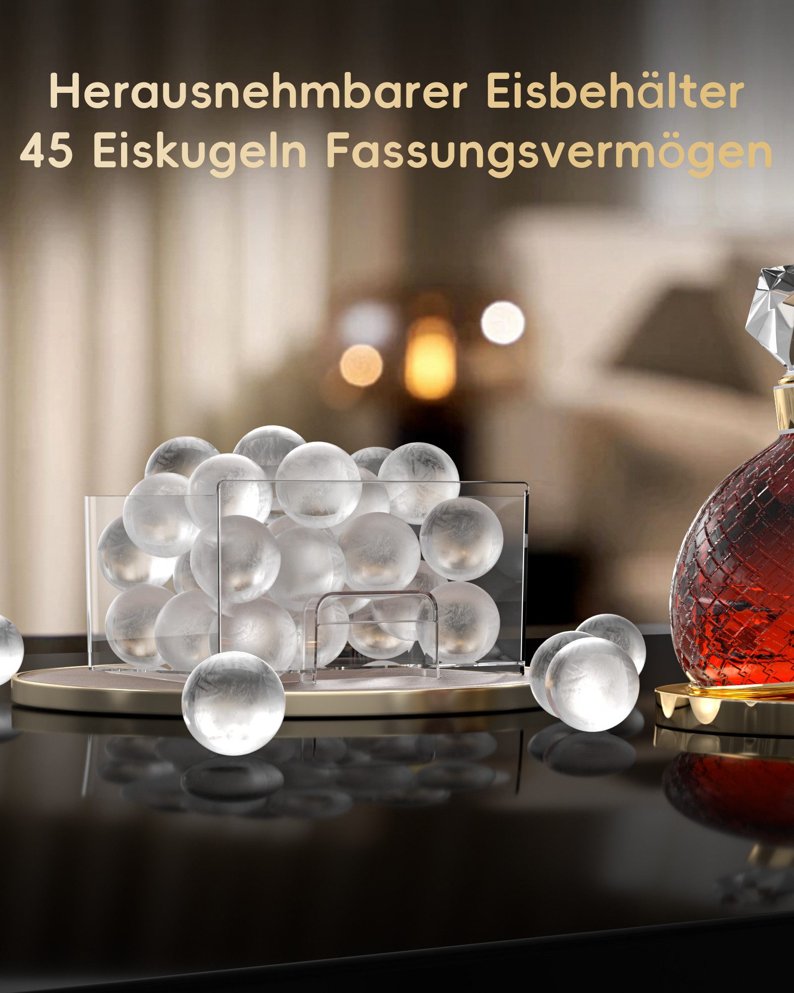 eCozy Eiswürfelmaschine für kristallklare Eiskugeln Ø 60 mm, extragroß, 3 Eiskugeln in 45 Min, Selbstreinigung, Duale Wasserzufuhr, LED-Display, 96 Eiskugeln/Tag