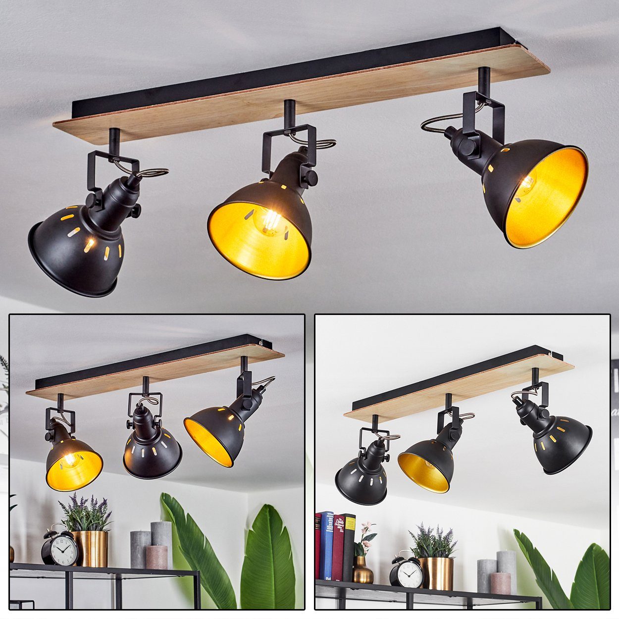 hofstein Deckenleuchte »Arazane« Deckenlampe aus Metall/Holz in Schwarz/Chrom/Gold/Hellbraun, ohne Leuchtmittel, mit verstellbaren Schirmen u. Lichteffekt, E14