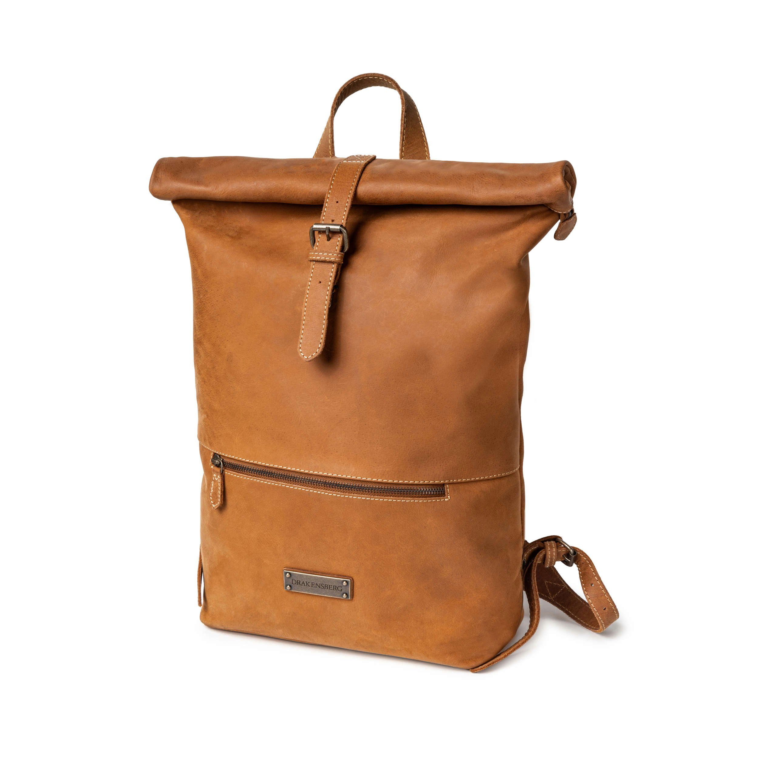 Fahrradrucksack Herren, Cognac-Braun, »Ryan« eleganter aus Rucksack Leder DRAKENSBERG mit Laptopfach Damen, Roll-Top