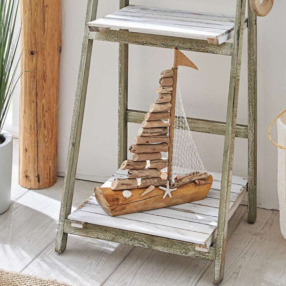 Home-trends24.de Dekofigur Dekoboot Segelboot Figur Holzstückchen Muscheldeko Maritim Objekt 39cm