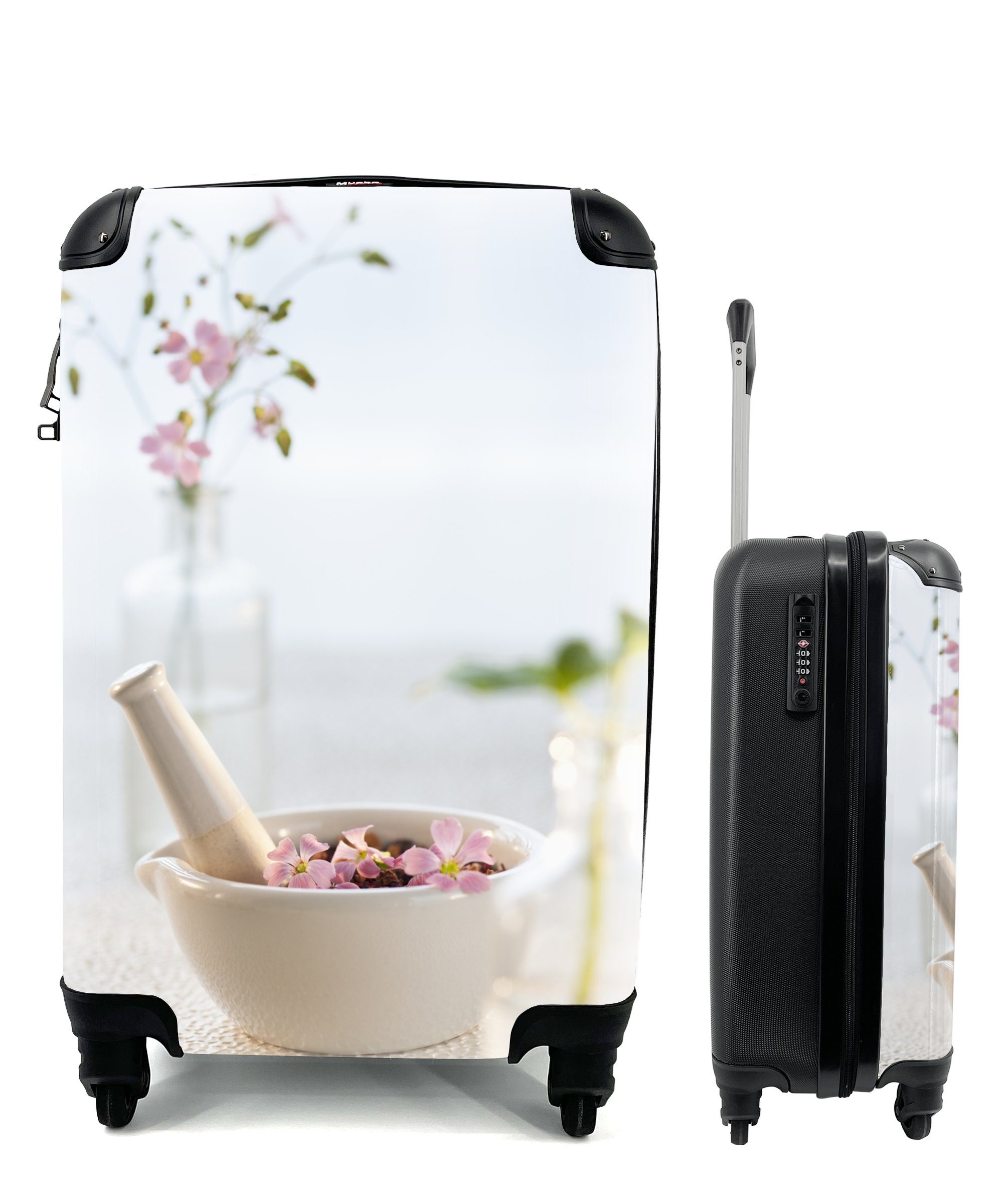 MuchoWow Handgepäckkoffer Ein Mörser mit rosa Blütenblättern, 4 Rollen, Reisetasche mit rollen, Handgepäck für Ferien, Trolley, Reisekoffer