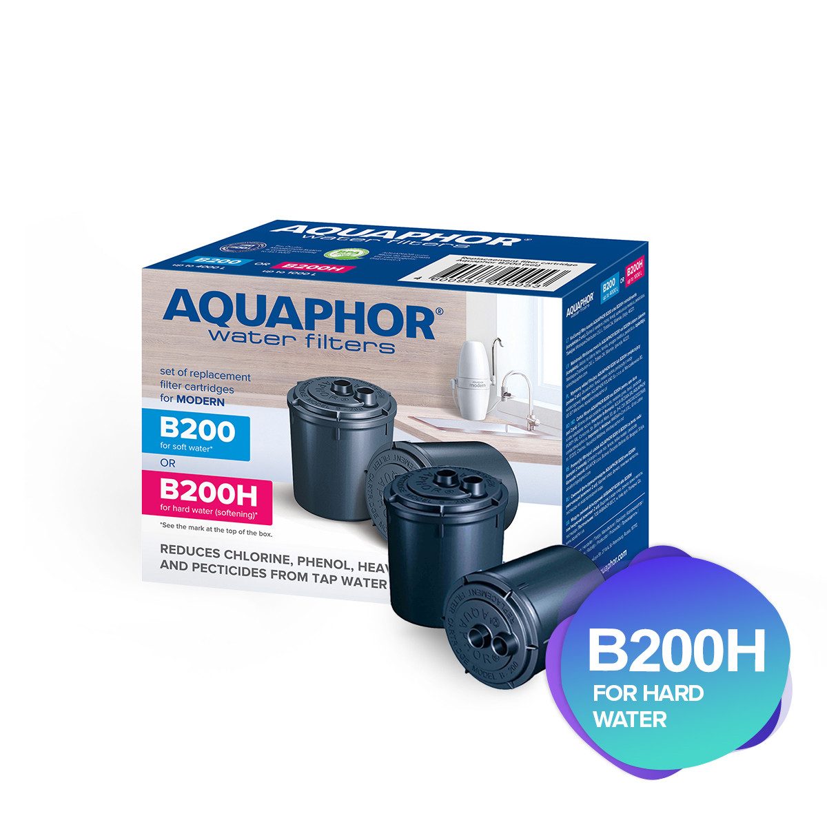 AQUAPHOR Kalk- und Wasserfilter Pack 2 Filterkartusche B200H für hartes Wasser, Zubehör für System Aquaphor Modern/ reduziert Kalk (Wasserhärte), Schwermetalle, Medikamente, /Bis zum 1000 Liter Kapazität
