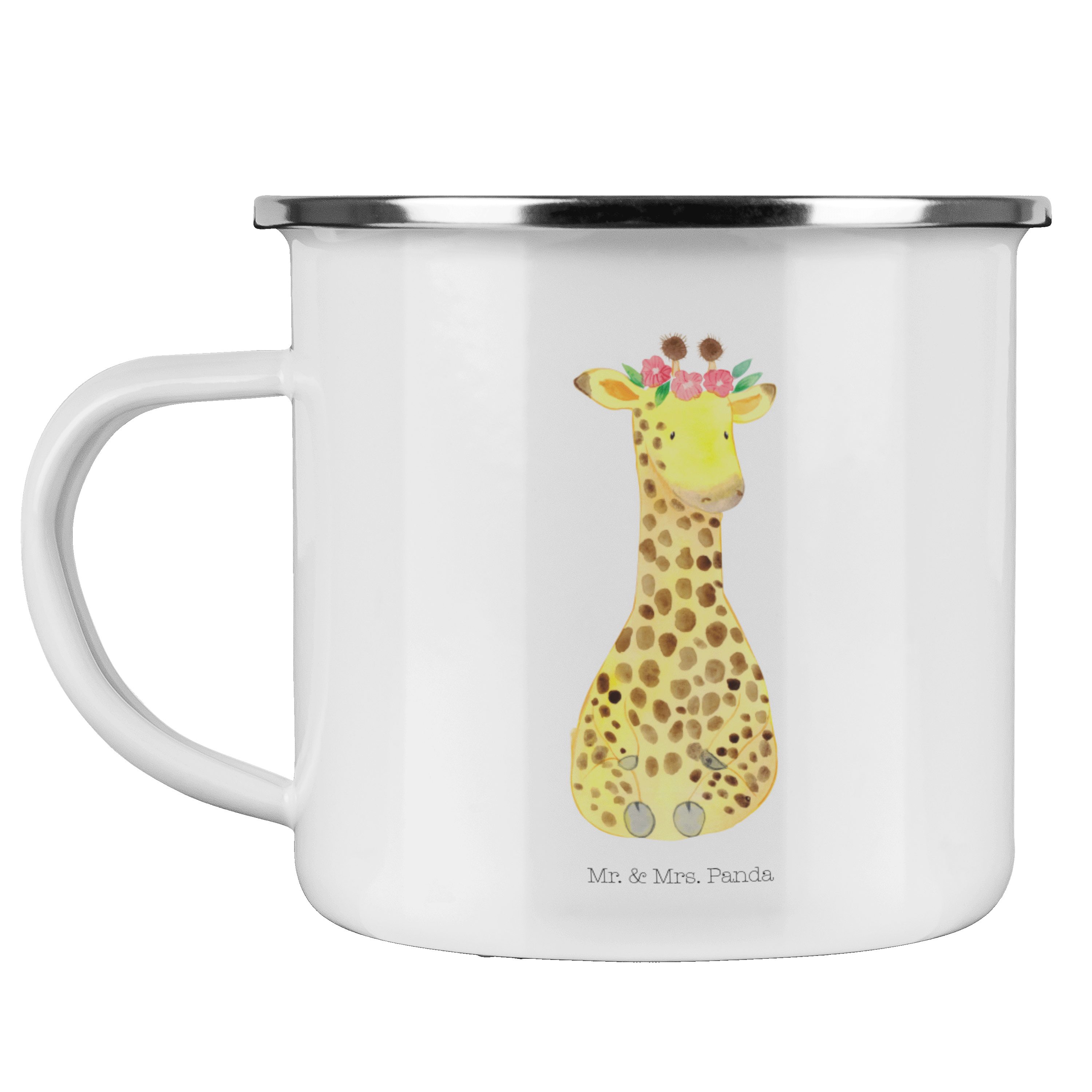 Mr. & Mrs. Panda Becher Giraffe Blumenkranz - Weiß - Geschenk, Kaffee Blechtasse, Wildtiere, Emaille