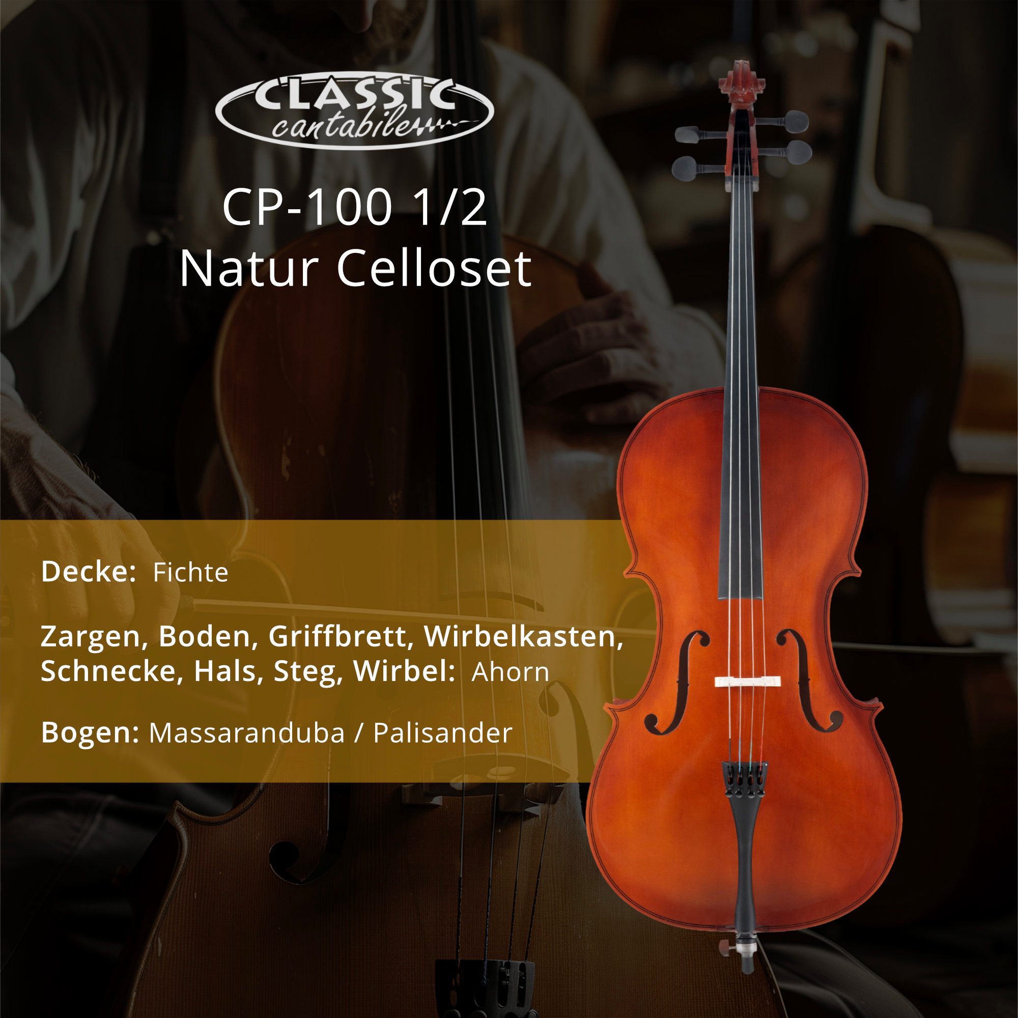 Classic Cantabile Cello CP-100 1/2 Cello Set - speziell für kleine Hände geeignet, Cellotasche mit Außentaschen für Bogen und weiteres Zubehör, Boden, Zargen, Hals, Griffbrett, Wirbel und Steg aus Ahorn