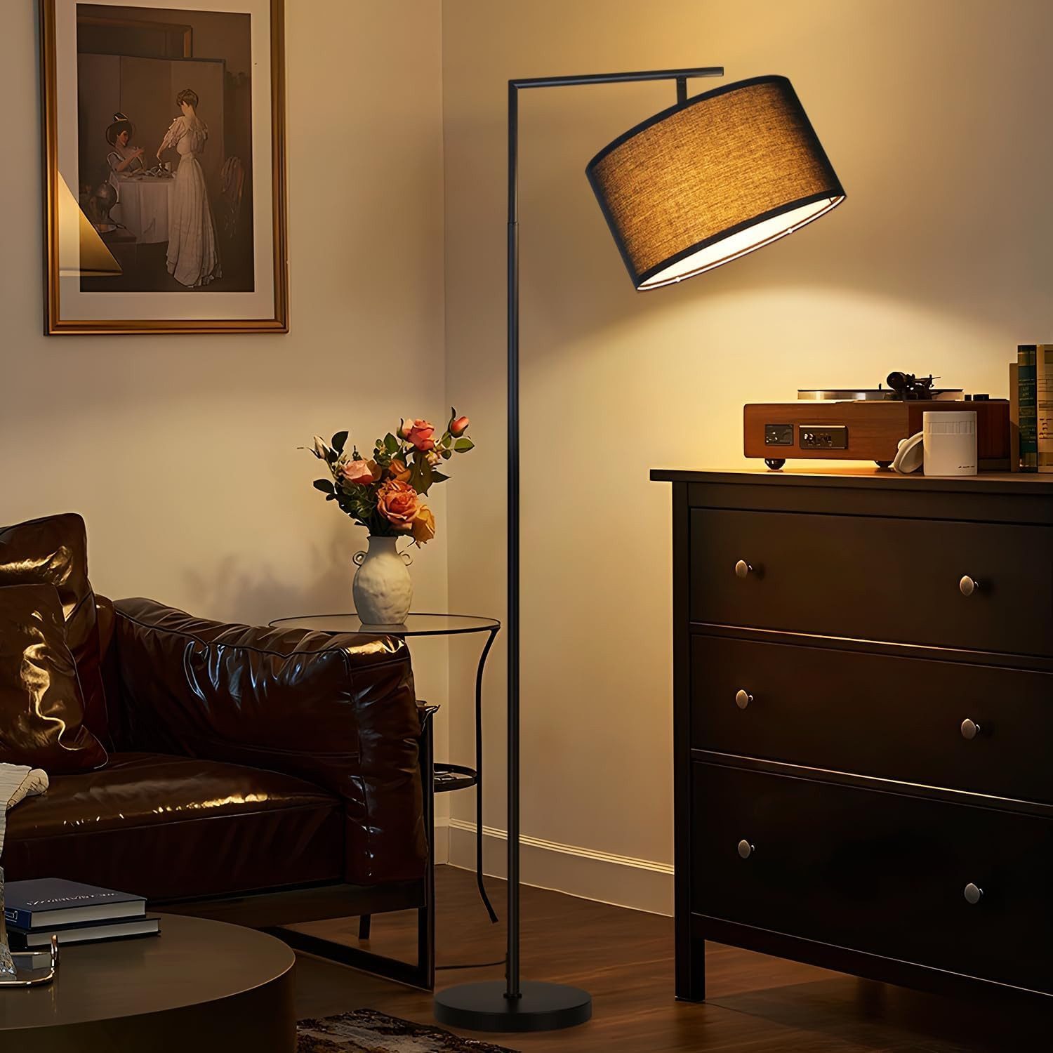 ZMH Stehlampe Whonzimmer Stoff Design Modern Deko Lese E27mit Fußschalter Bettlampe, Hochwertige Material, ohne Leuchtmittel, Runde Metallbasis, 180° verstellbarer Lampenkopf