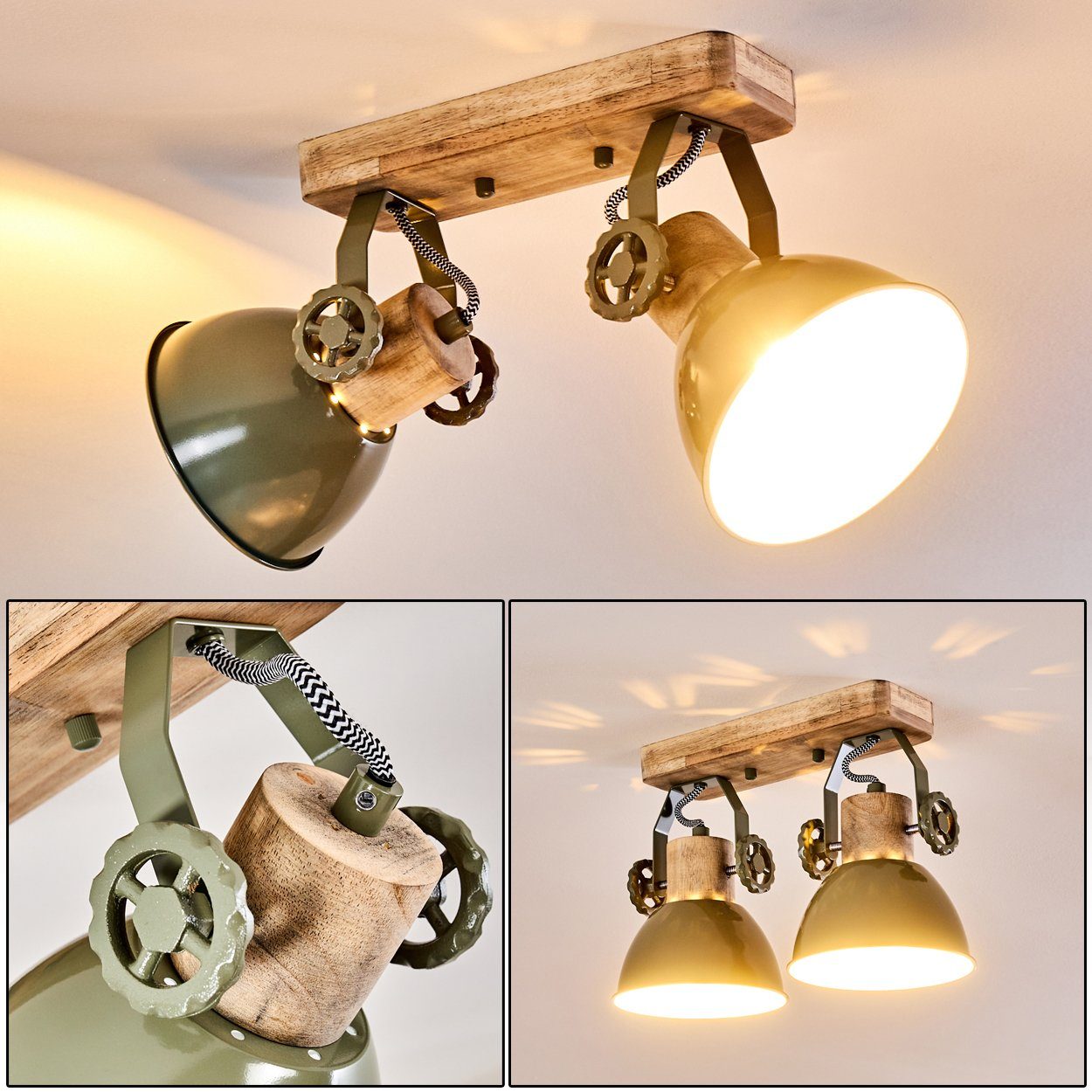 hofstein Deckenleuchte »Cotes« Deckenlampe aus Metall/Holz in Grün/Weiß/Braun, ohne Leuchtmittel, mit verstellbaren Strahlern, 2xE27, Spot im Retro/Vintage Design