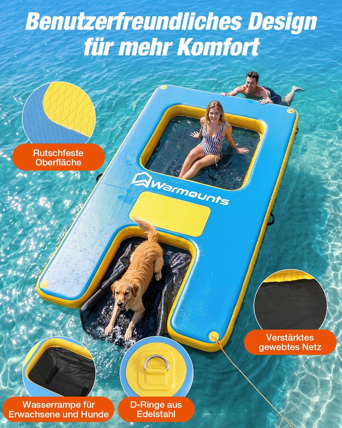 Warmounts Schwimminsel aufblasbar Luftmatratze 340kg Tragkraft mit Hunde-Bootsrampe 305×183cm, Schwimmdock Für 4-5 Personen mit Rutschfester EVA-Oberfläche