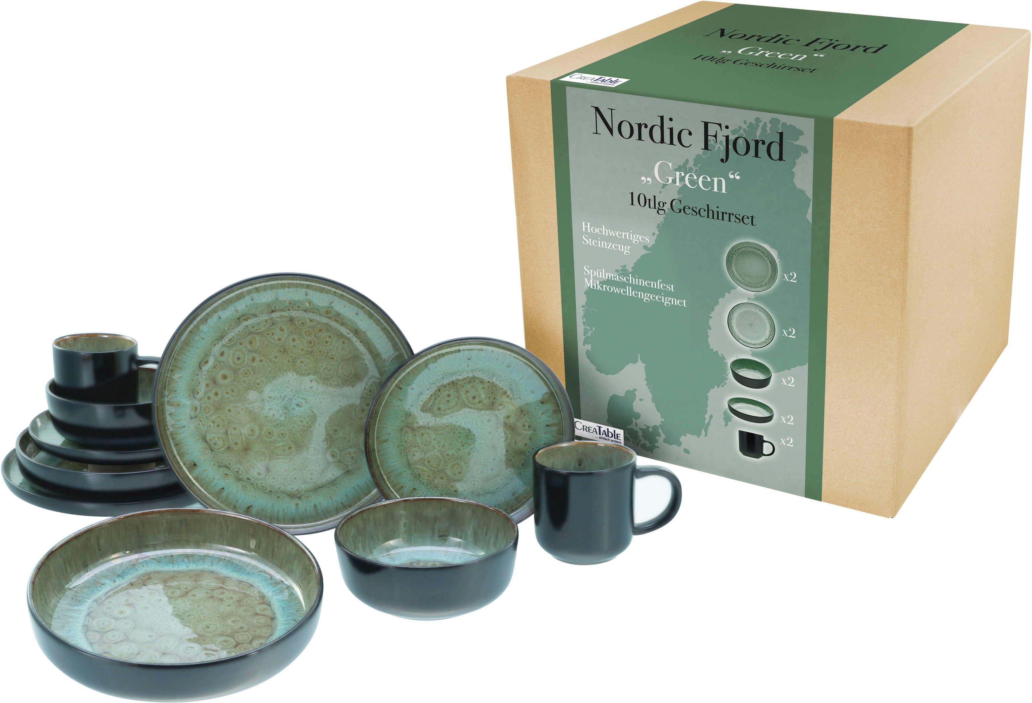 Suppenteller, CreaTable Personen, Fjord Speiseteller, Kaffeebecher Nordic (10-tlg), Dessertteller, Steinzeug, 2 Kombiservice 2 Schalen, je