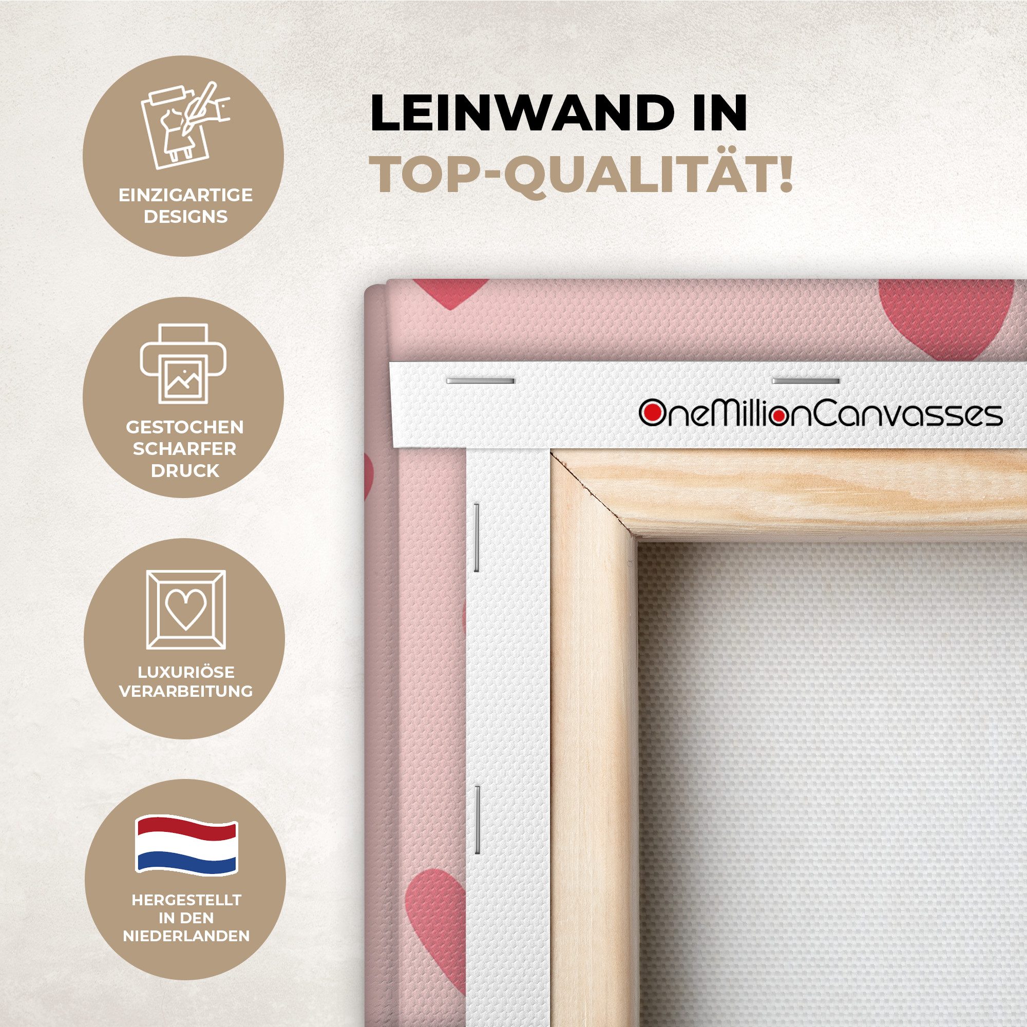 OneMillionCanvasses® Leinwandbild Herzen - Muster - Rosa, Fotodruck (1 St), Wandbild, Deko Schlafzimmer Wohnzimmer Flur 20x20 cm