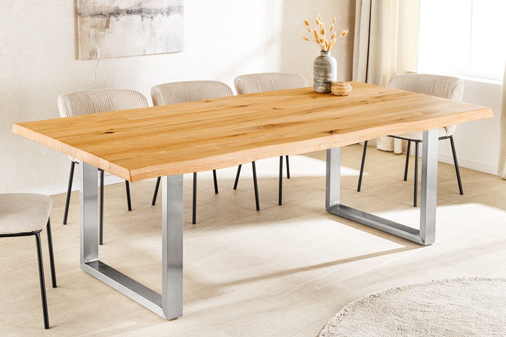 riess-ambiente Esstisch WILD OAK 160cm natur/silber - Wildeiche, Baumkante, U-Gestell, geölt (Einzelartikel, 1-St), Urbaner Massivholztisch für 6 Personen - ideal für Wohn- & Esszimmer