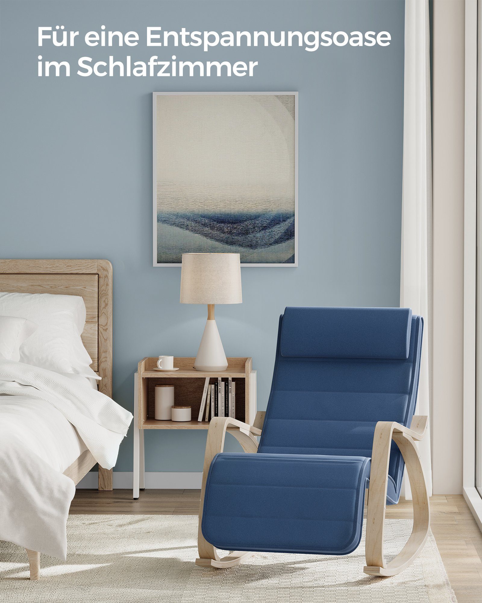 SONGMICS Schaukelsessel Schaukelstuhl, für Schlafzimmer, Wohnzimmer, 67 x 115 x 91 cm (mit Armlehnen aus Birkenholz), 5-fach verstellbare Fußstütze, bis 150 kg belastbar, mitternachtsblau