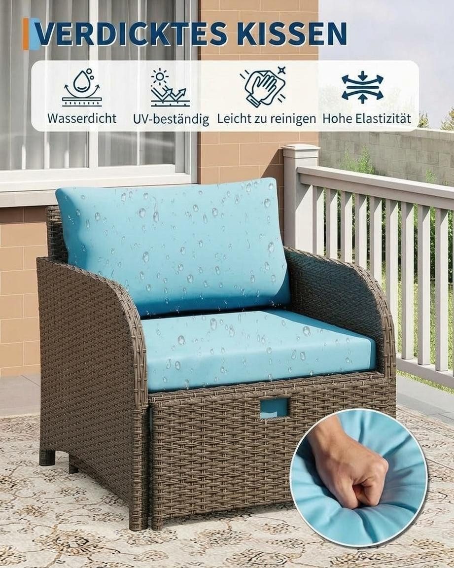 GarveeMore Gartenlounge-Set Terrassenmöbel mit Tisch,5 teilig Rattan Balkonmöbel Kleiner Balkon, Gartenmöbel Set Balkonset 2 Rattansessel mit Hocker,Outdoor Sitzgruppe