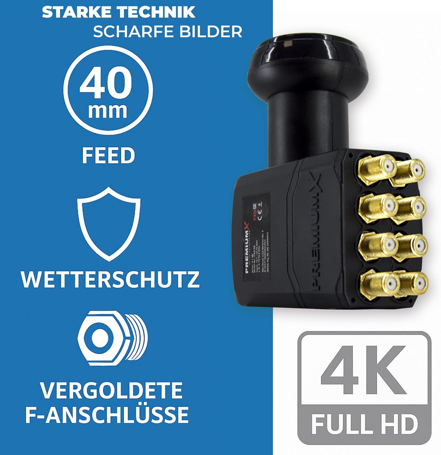 Thumbnail - PremiumX Octo LNB SAT für 8 Teilnehmer DVB-S2 HD 4K inkl. 16x F-Stecker Monoblock-LNB